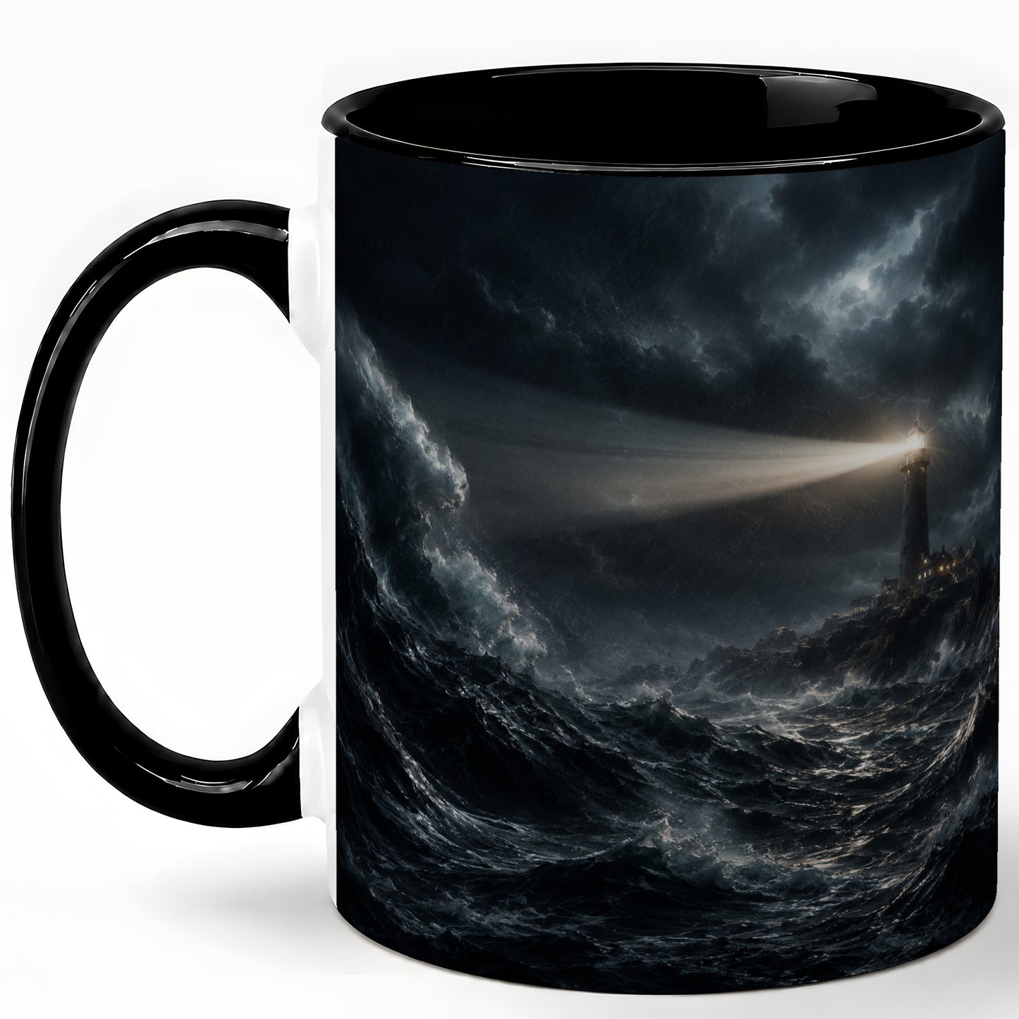 #pl[11oz|Black] Storm Lighthouse Ceramic Mug, Dramatic Ocean Night Art