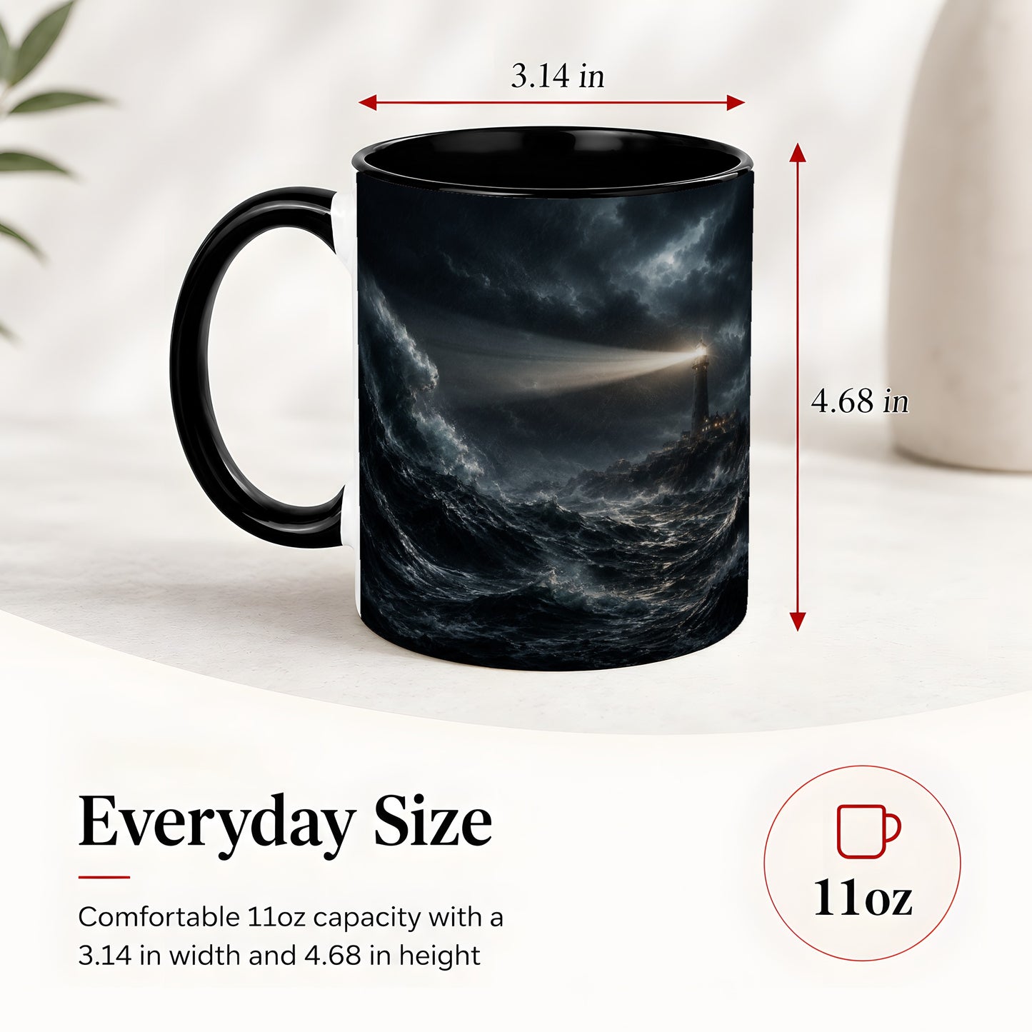 #pl[11oz|Black] Storm Lighthouse Ceramic Mug, Dramatic Ocean Night Art