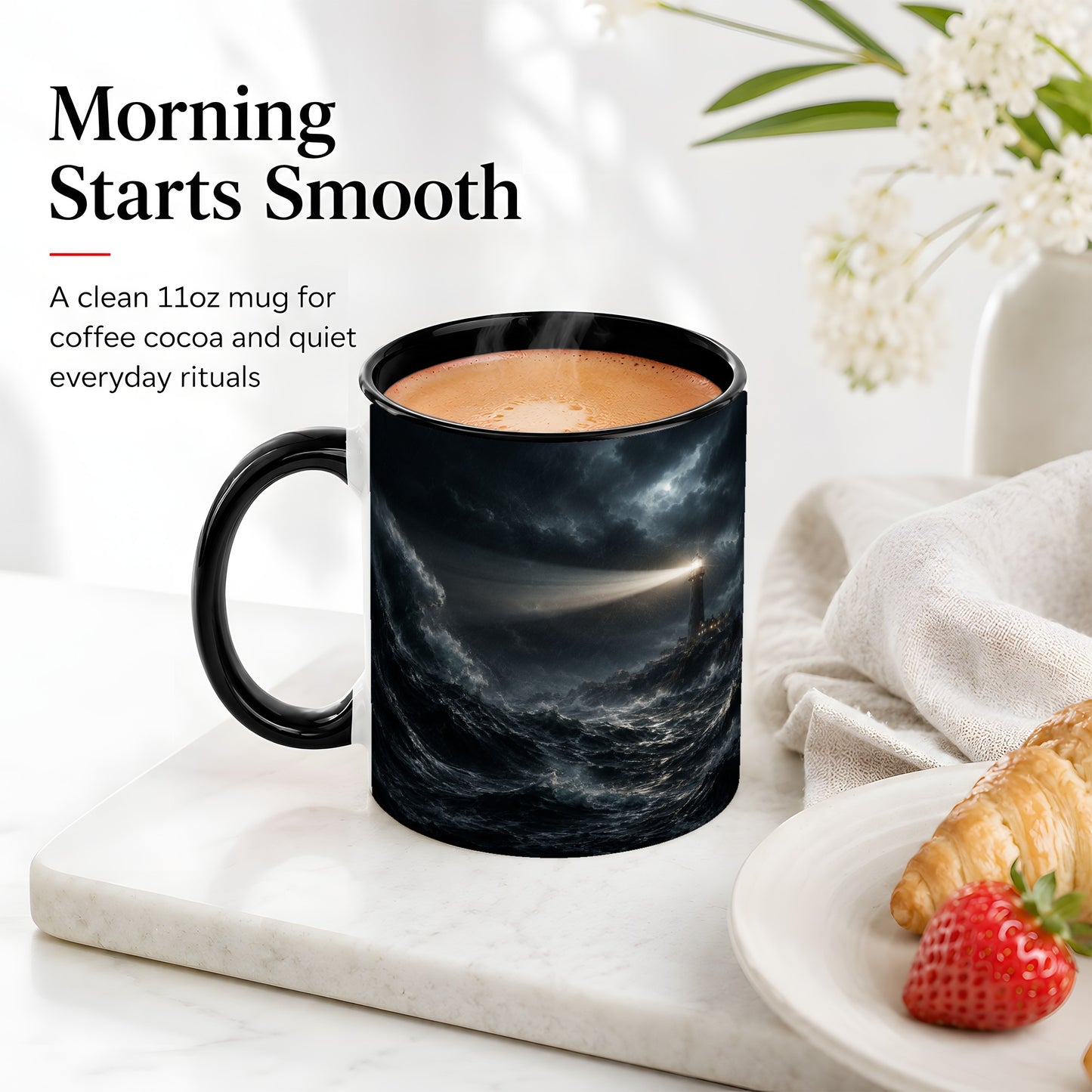 #pl[11oz|Black] Storm Lighthouse Ceramic Mug, Dramatic Ocean Night Art