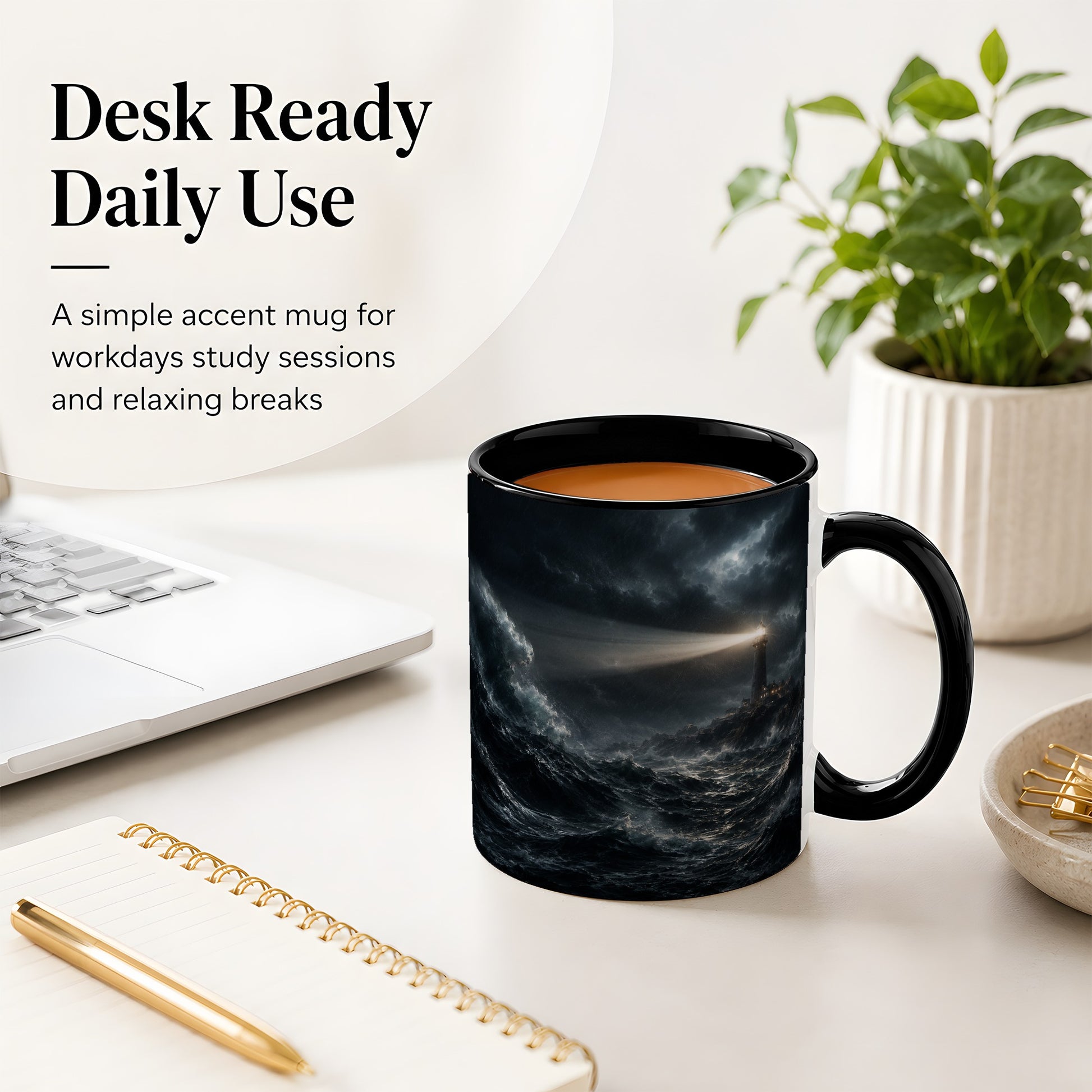 #pl[11oz|Black] Storm Lighthouse Ceramic Mug, Dramatic Ocean Night Art