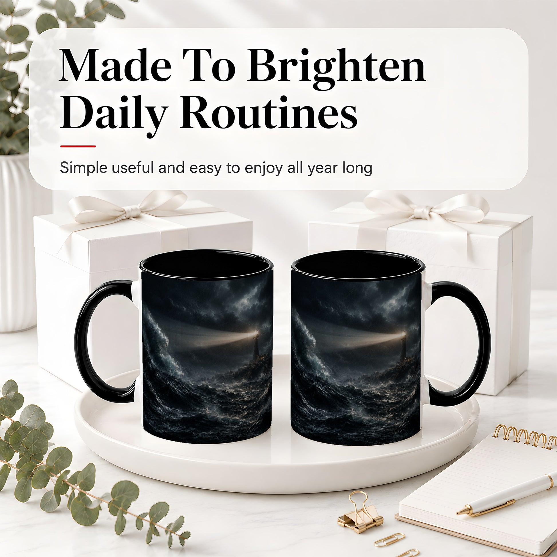 #pl[11oz|Black] Storm Lighthouse Ceramic Mug, Dramatic Ocean Night Art