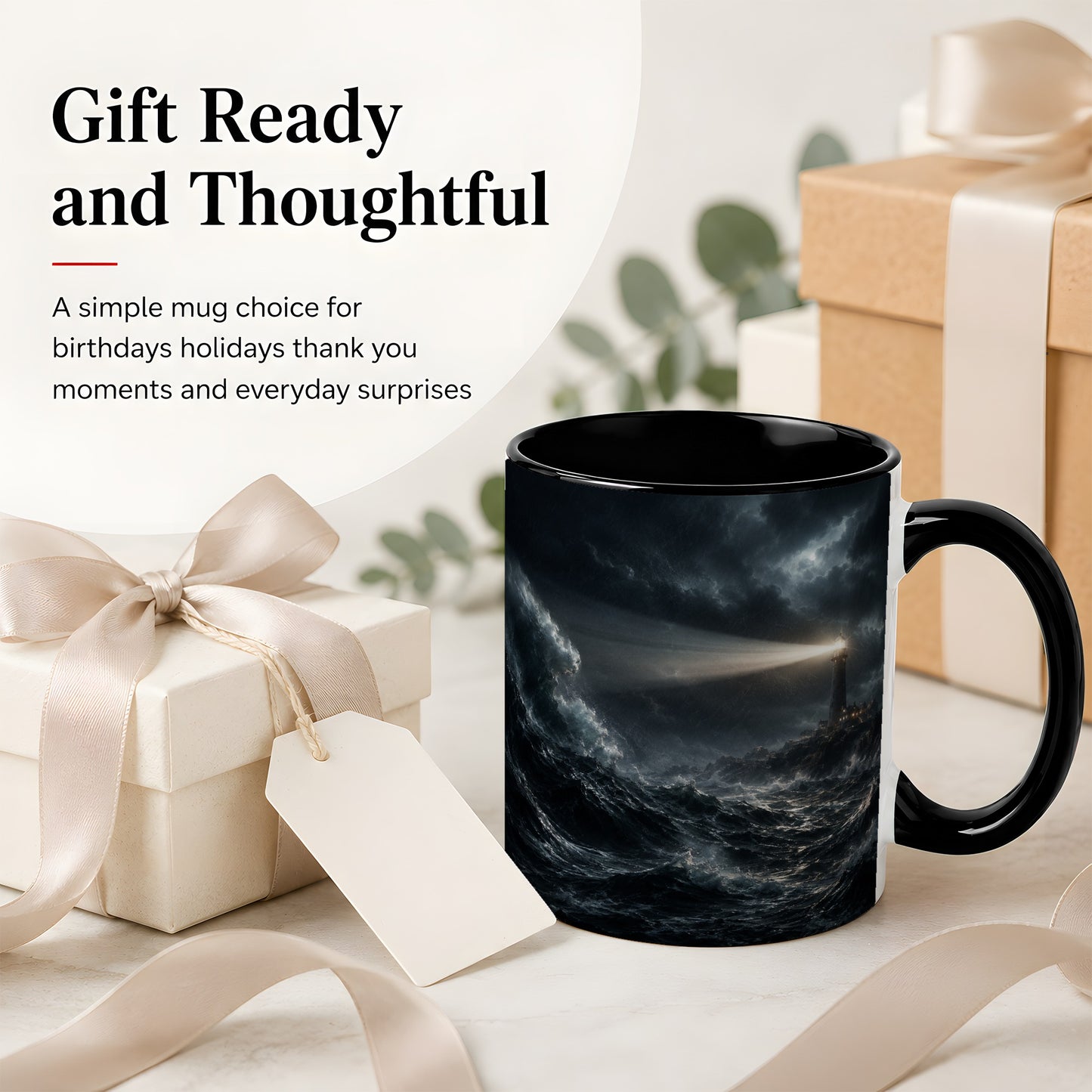 #pl[11oz|Black] Storm Lighthouse Ceramic Mug, Dramatic Ocean Night Art