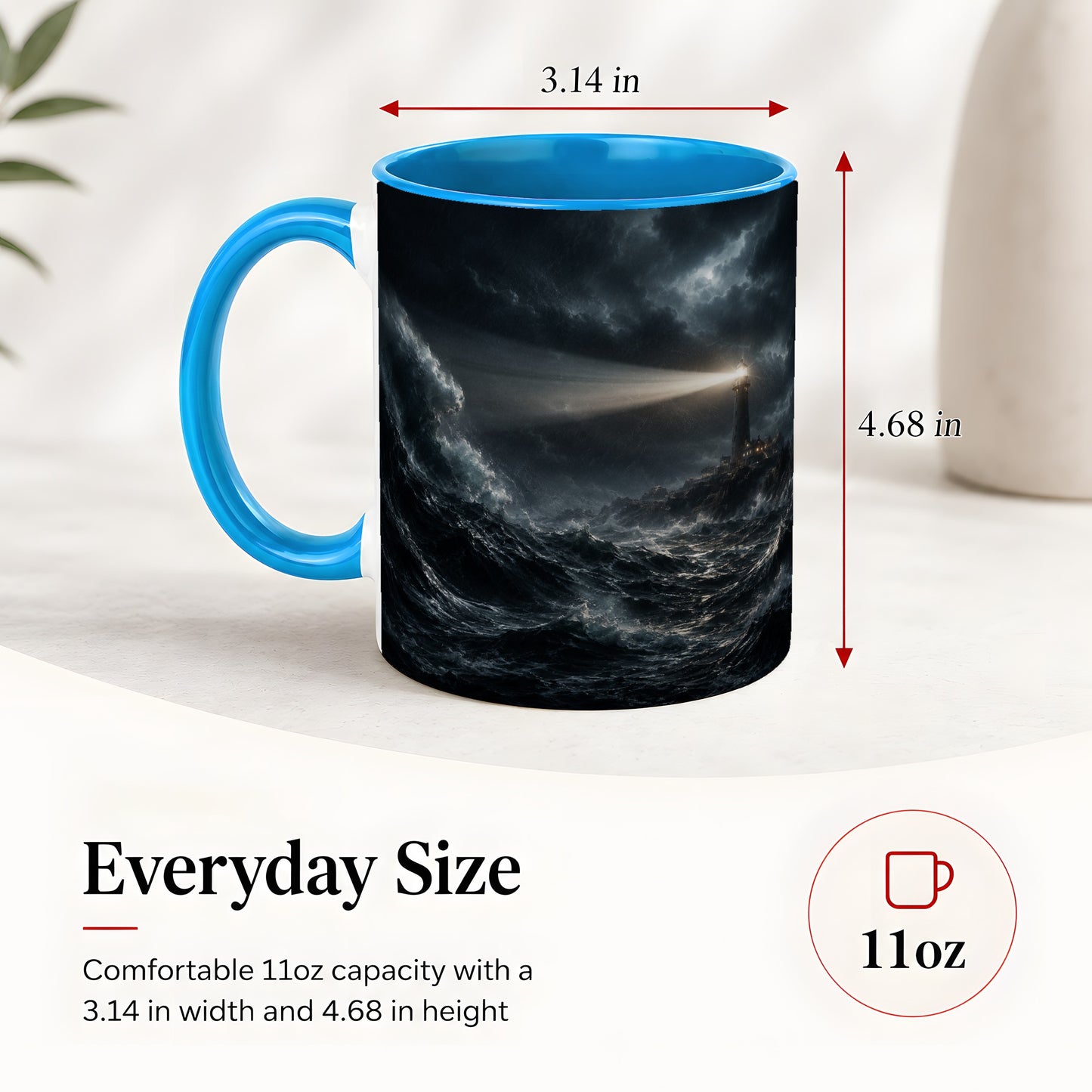 #pl[11oz|Blue] Storm Lighthouse Ceramic Mug, Dramatic Ocean Night Art