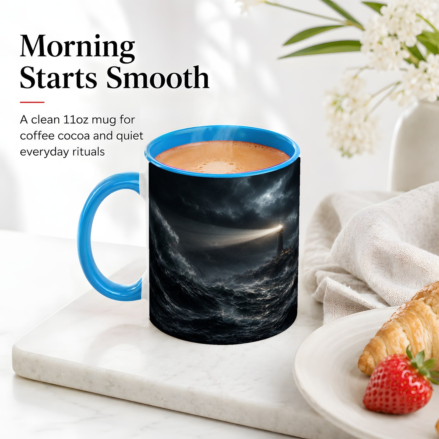 #pl[11oz|Blue] Storm Lighthouse Ceramic Mug, Dramatic Ocean Night Art