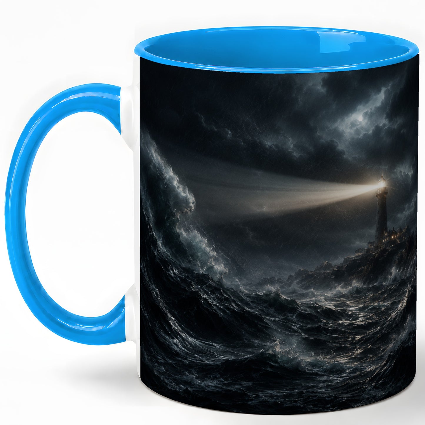 #pl[11oz|Blue] Storm Lighthouse Ceramic Mug, Dramatic Ocean Night Art