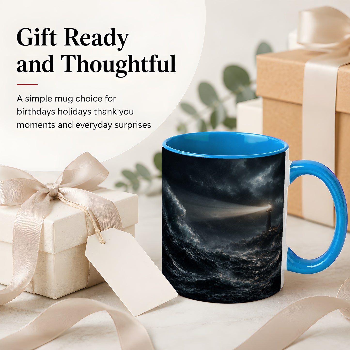 #pl[11oz|Blue] Storm Lighthouse Ceramic Mug, Dramatic Ocean Night Art