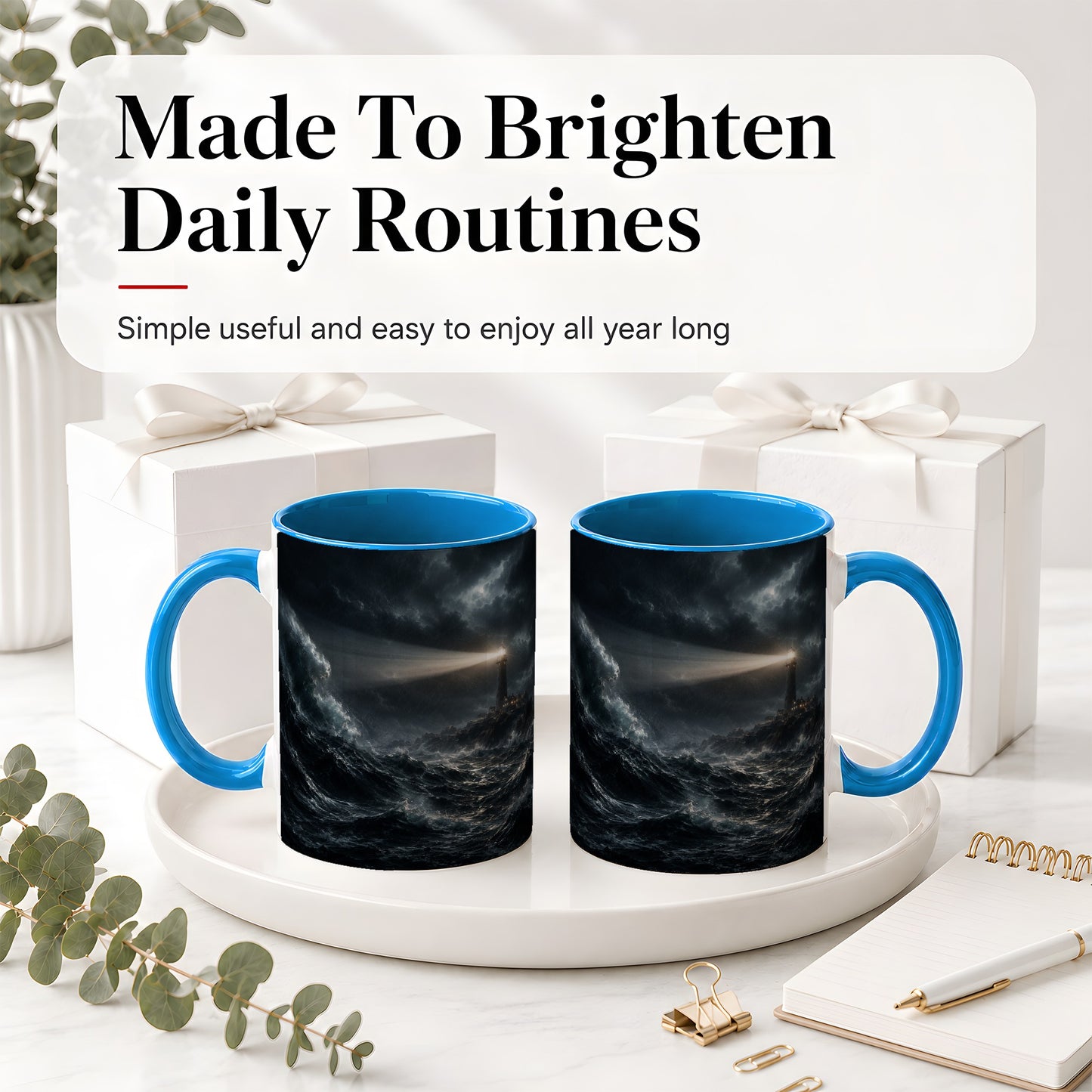 #pl[11oz|Blue] Storm Lighthouse Ceramic Mug, Dramatic Ocean Night Art