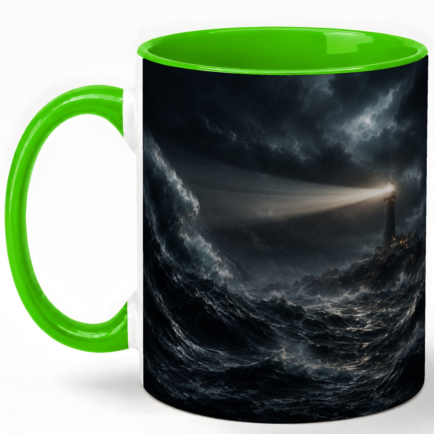 #pl[11oz|Green] Storm Lighthouse Ceramic Mug, Dramatic Ocean Night Art
