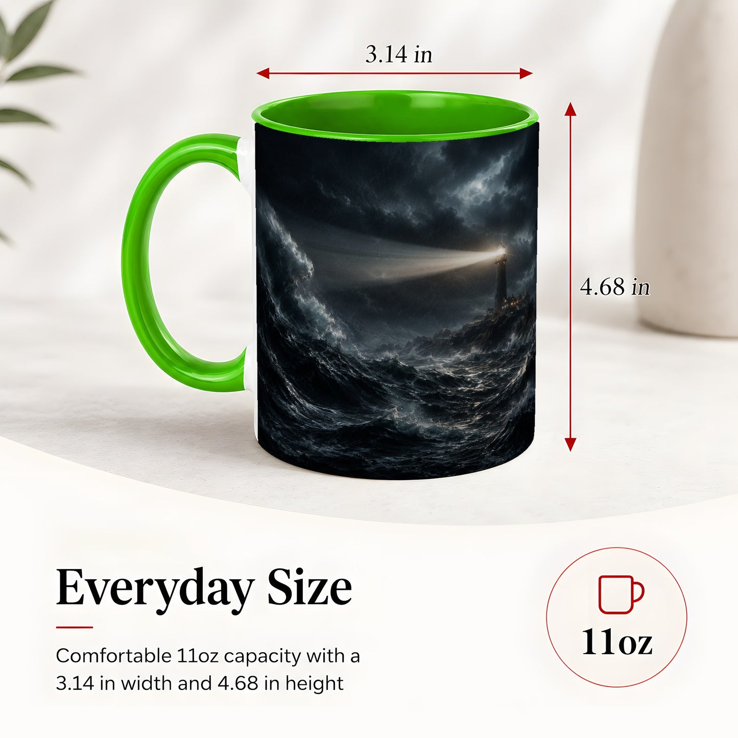 #pl[11oz|Green] Storm Lighthouse Ceramic Mug, Dramatic Ocean Night Art