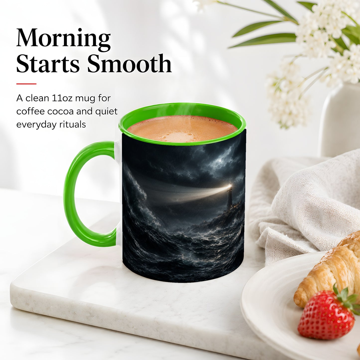 #pl[11oz|Green] Storm Lighthouse Ceramic Mug, Dramatic Ocean Night Art