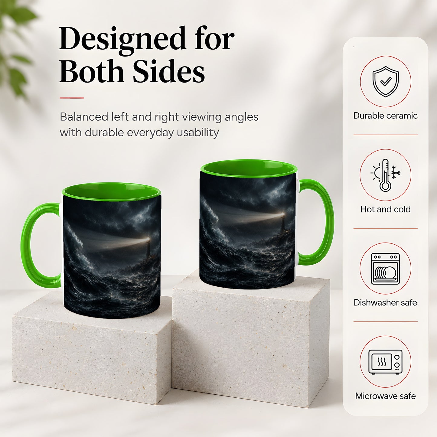 #pl[11oz|Green] Storm Lighthouse Ceramic Mug, Dramatic Ocean Night Art