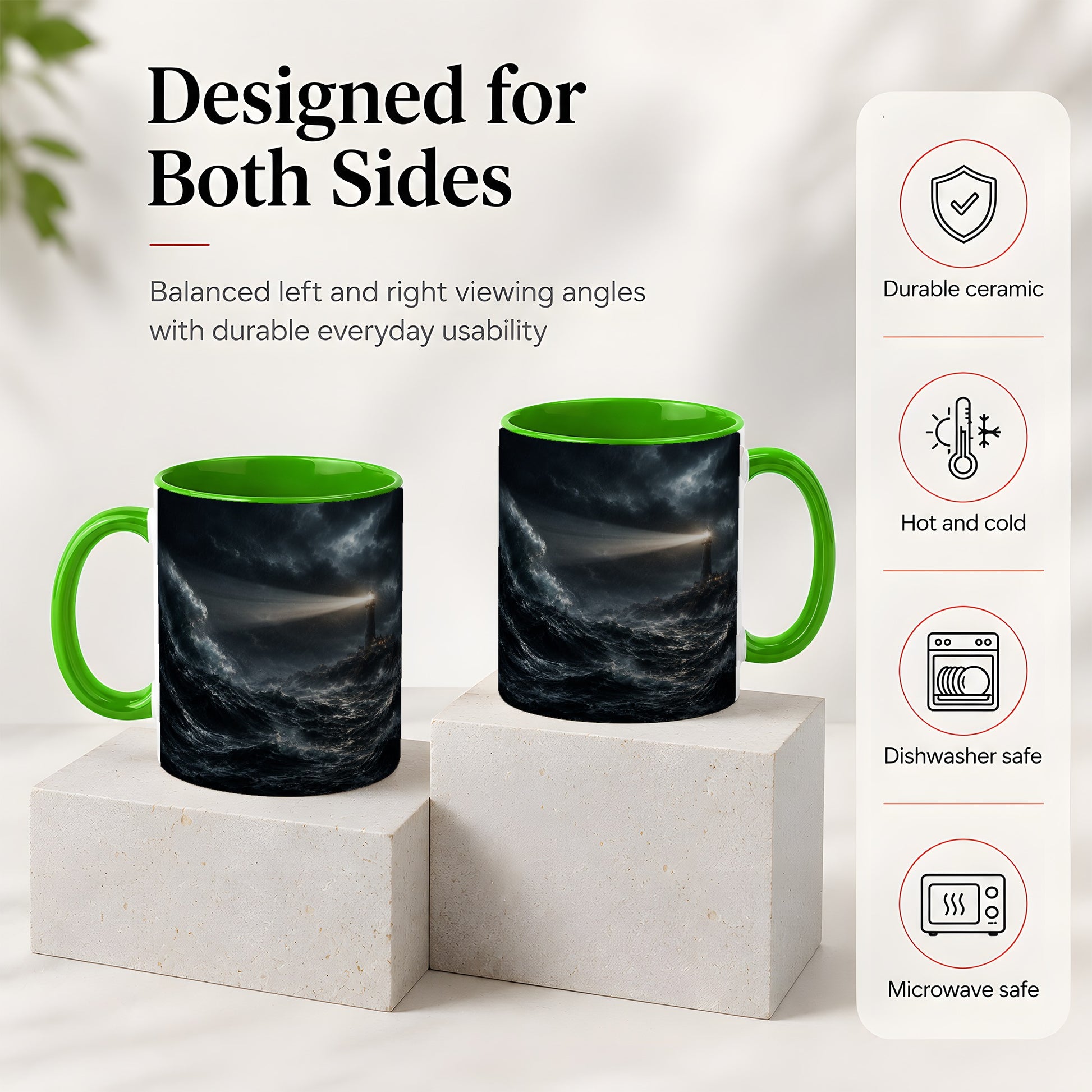 #pl[11oz|Green] Storm Lighthouse Ceramic Mug, Dramatic Ocean Night Art
