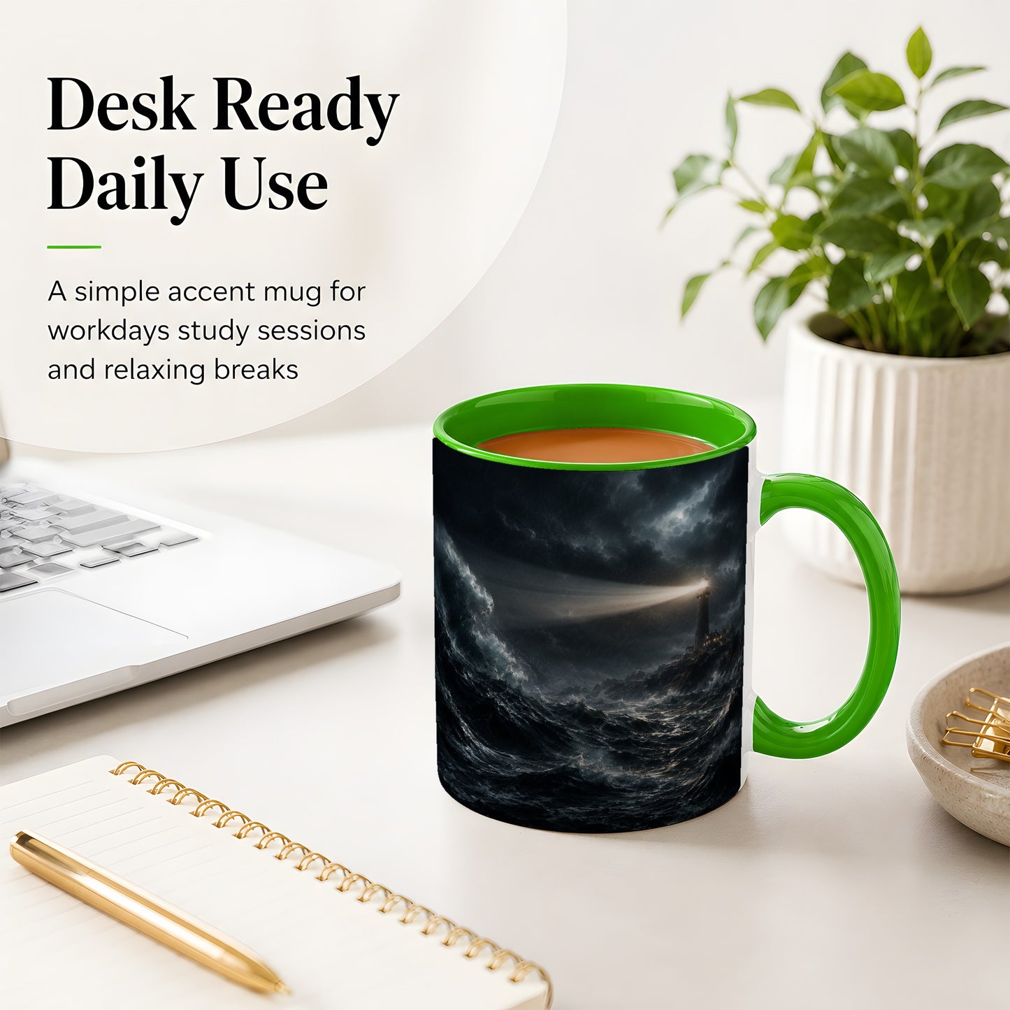 #pl[11oz|Green] Storm Lighthouse Ceramic Mug, Dramatic Ocean Night Art