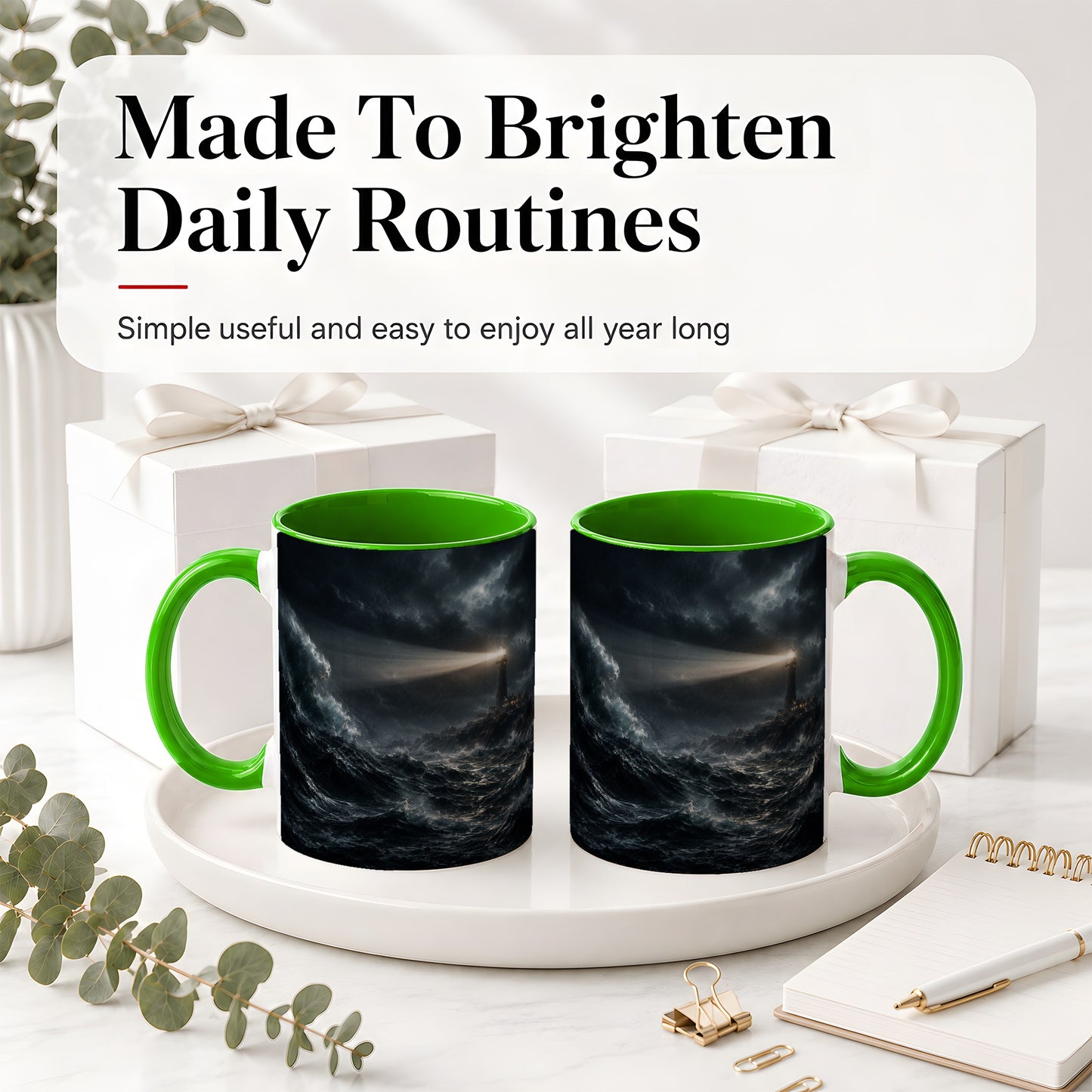 #pl[11oz|Green] Storm Lighthouse Ceramic Mug, Dramatic Ocean Night Art
