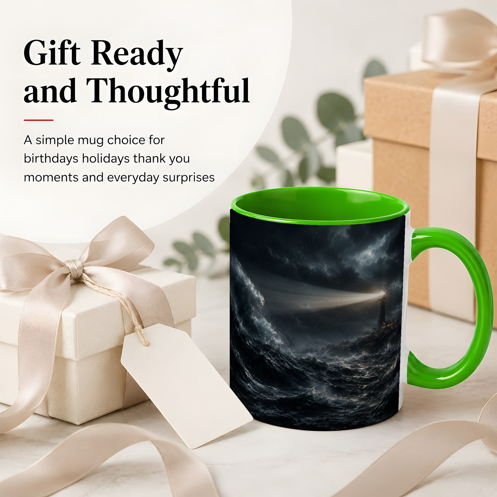 #pl[11oz|Green] Storm Lighthouse Ceramic Mug, Dramatic Ocean Night Art