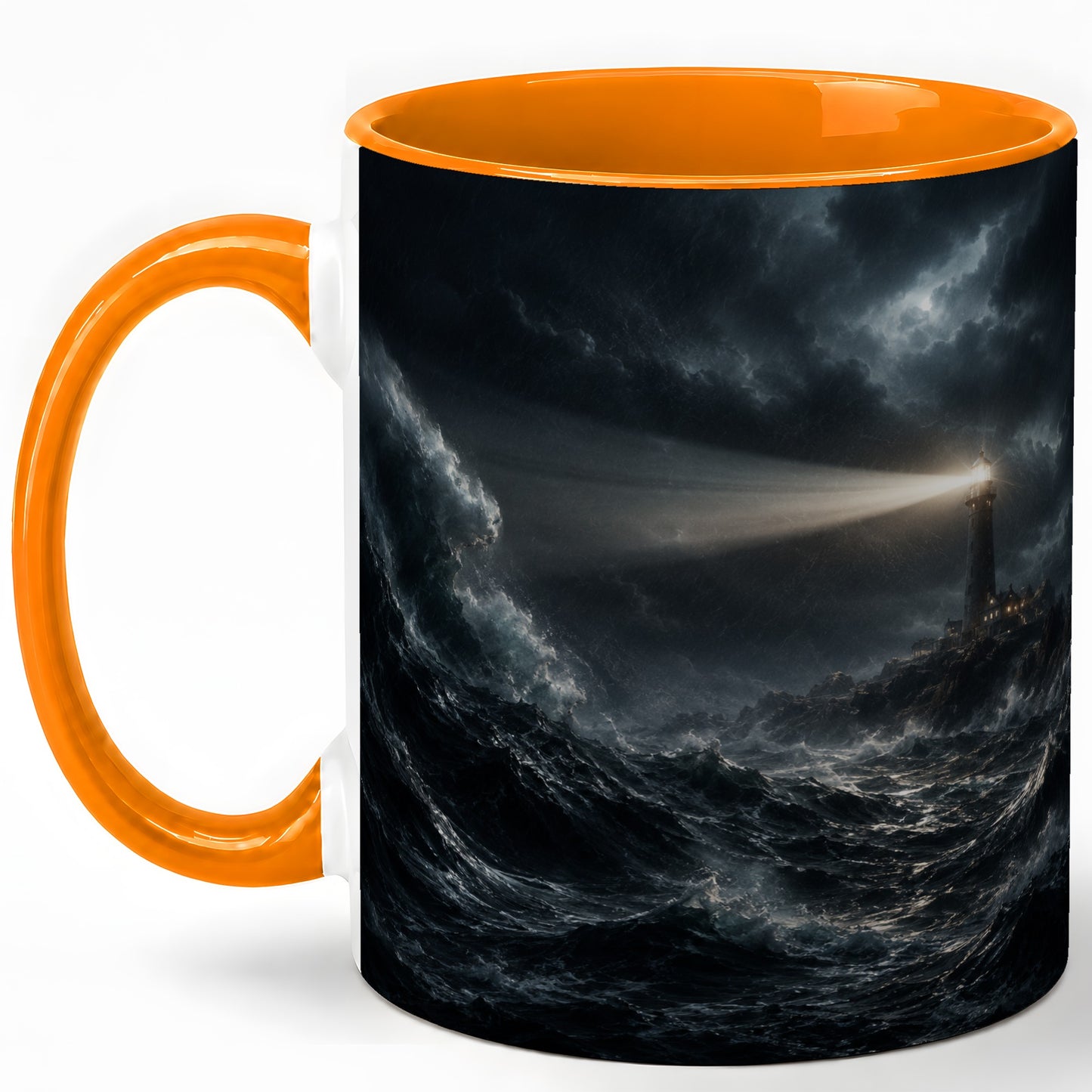 #pl[11oz|Orange] Storm Lighthouse Ceramic Mug, Dramatic Ocean Night Art