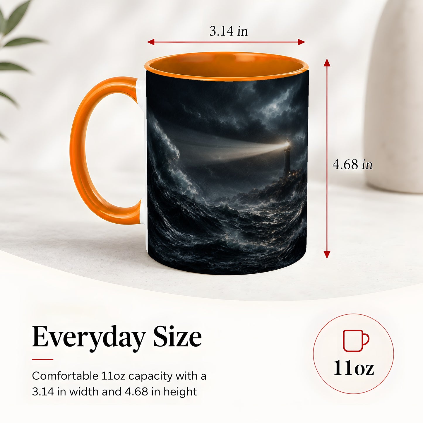 #pl[11oz|Orange] Storm Lighthouse Ceramic Mug, Dramatic Ocean Night Art