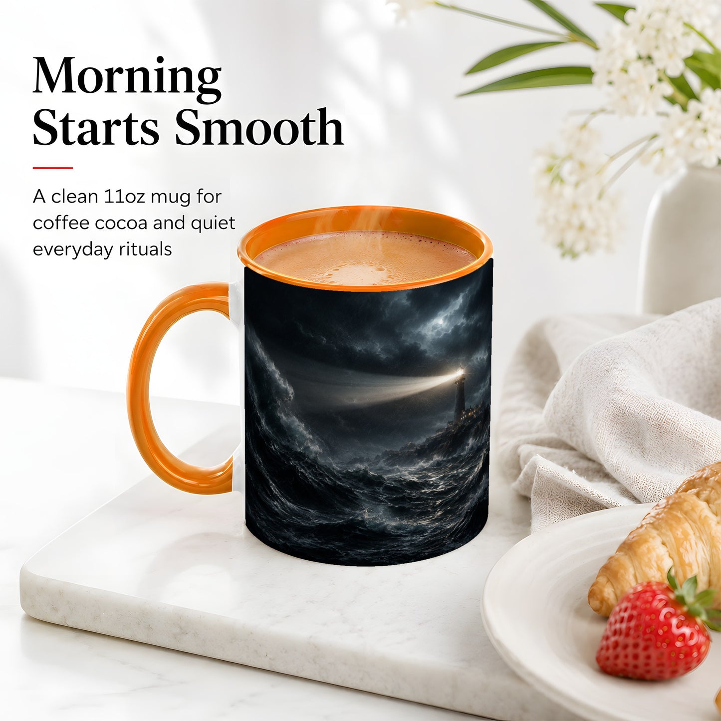 #pl[11oz|Orange] Storm Lighthouse Ceramic Mug, Dramatic Ocean Night Art