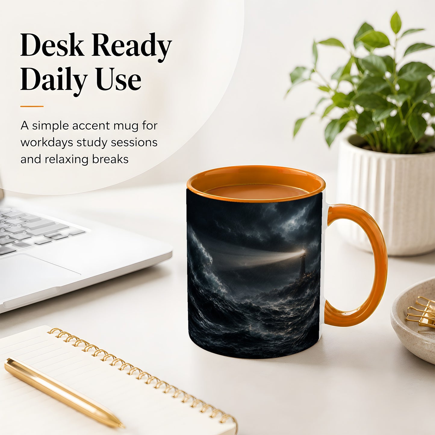 #pl[11oz|Orange] Storm Lighthouse Ceramic Mug, Dramatic Ocean Night Art