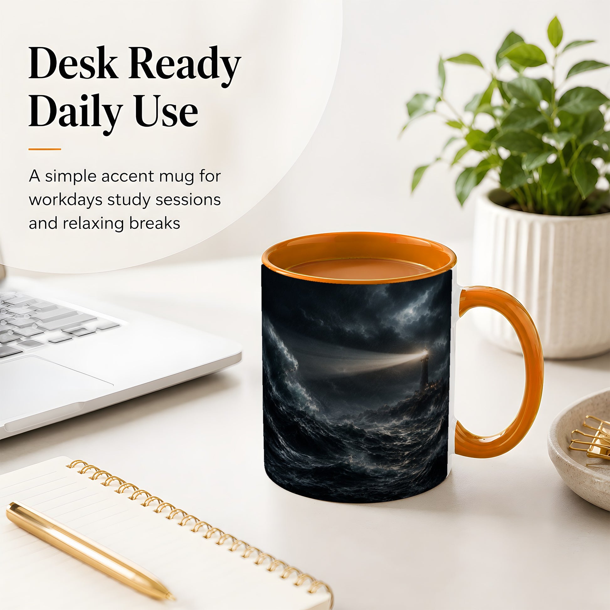 #pl[11oz|Orange] Storm Lighthouse Ceramic Mug, Dramatic Ocean Night Art