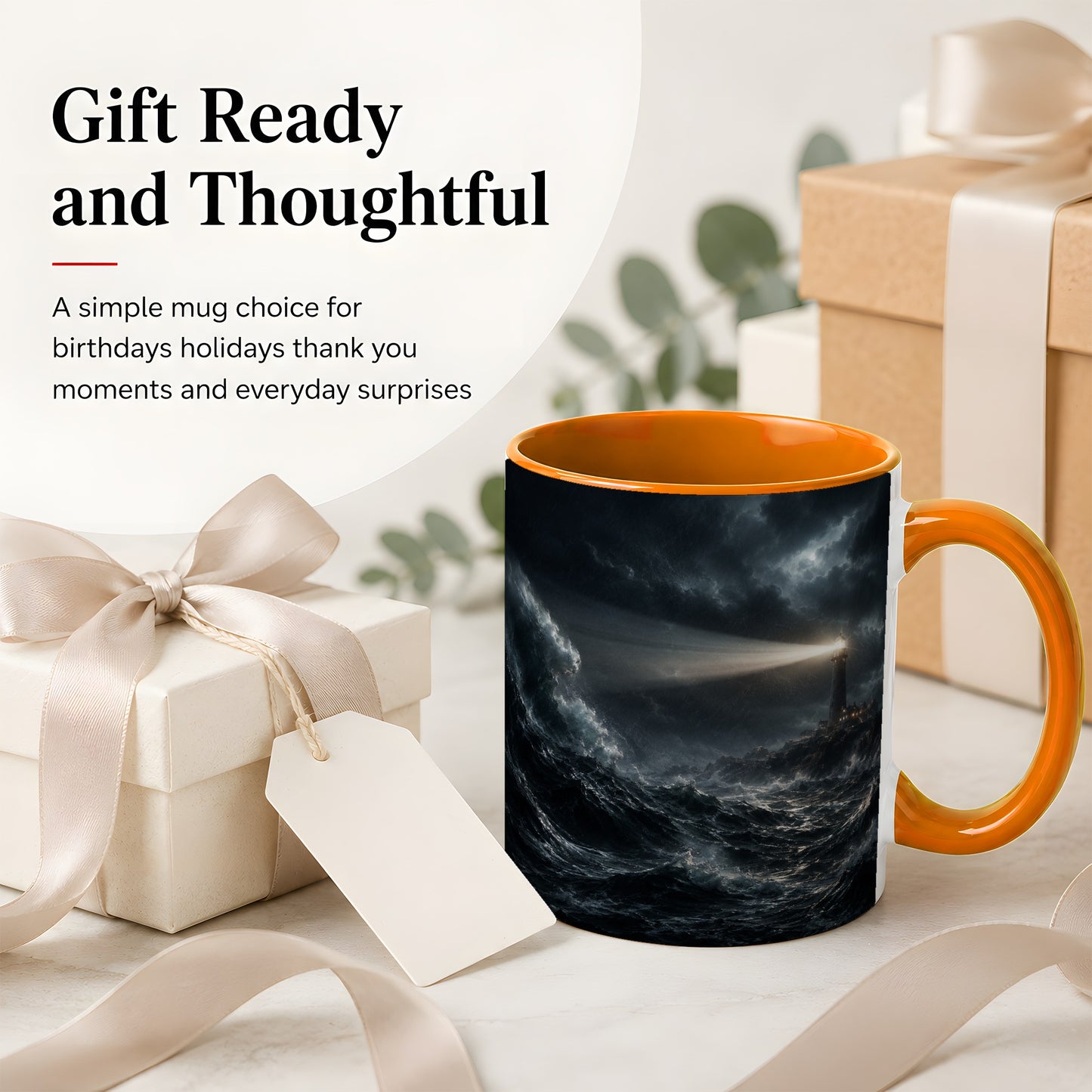 #pl[11oz|Orange] Storm Lighthouse Ceramic Mug, Dramatic Ocean Night Art