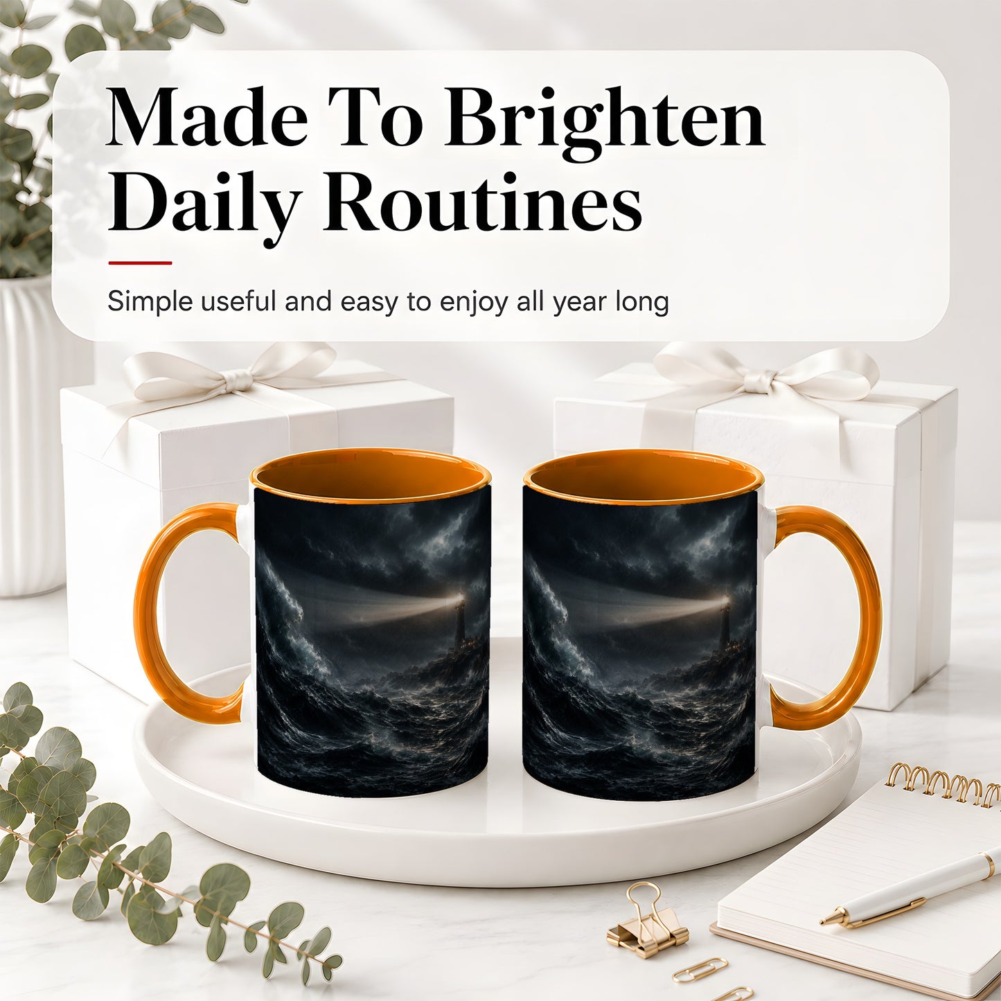 #pl[11oz|Orange] Storm Lighthouse Ceramic Mug, Dramatic Ocean Night Art