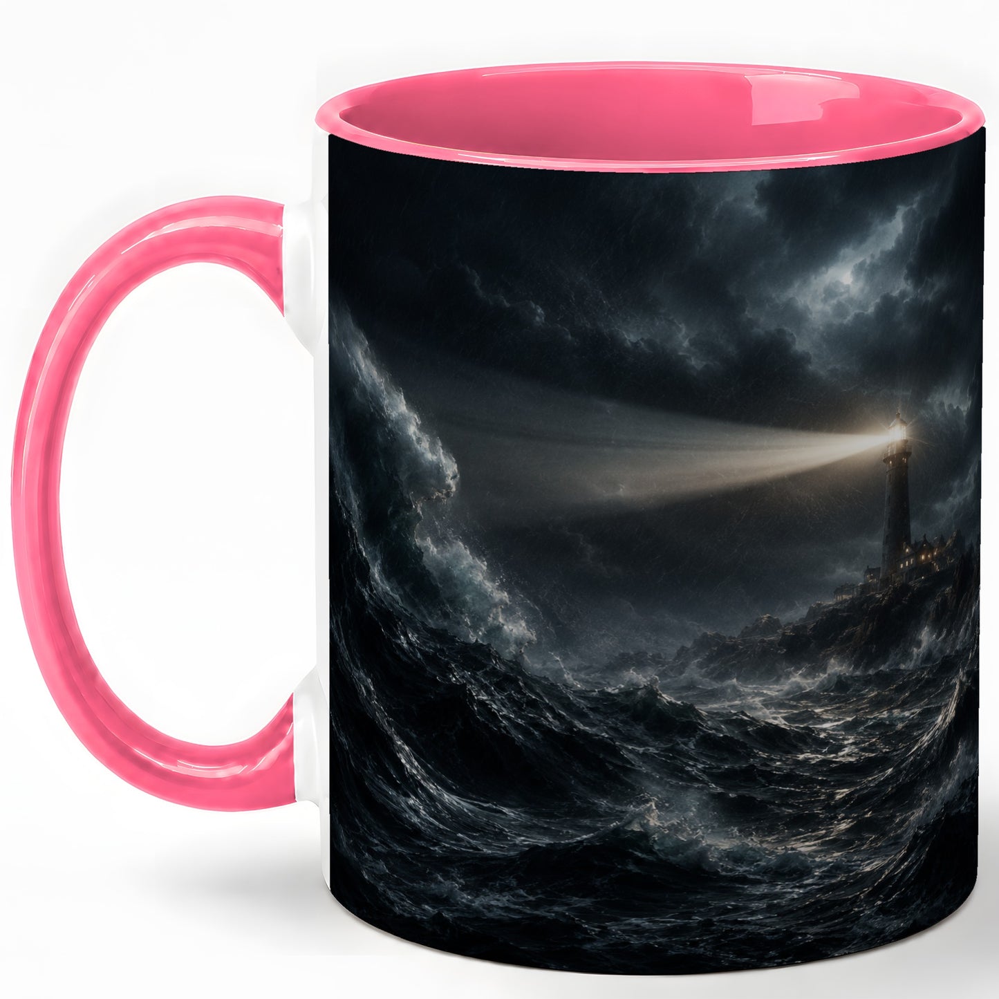 #pl[11oz|Pink] Storm Lighthouse Ceramic Mug, Dramatic Ocean Night Art