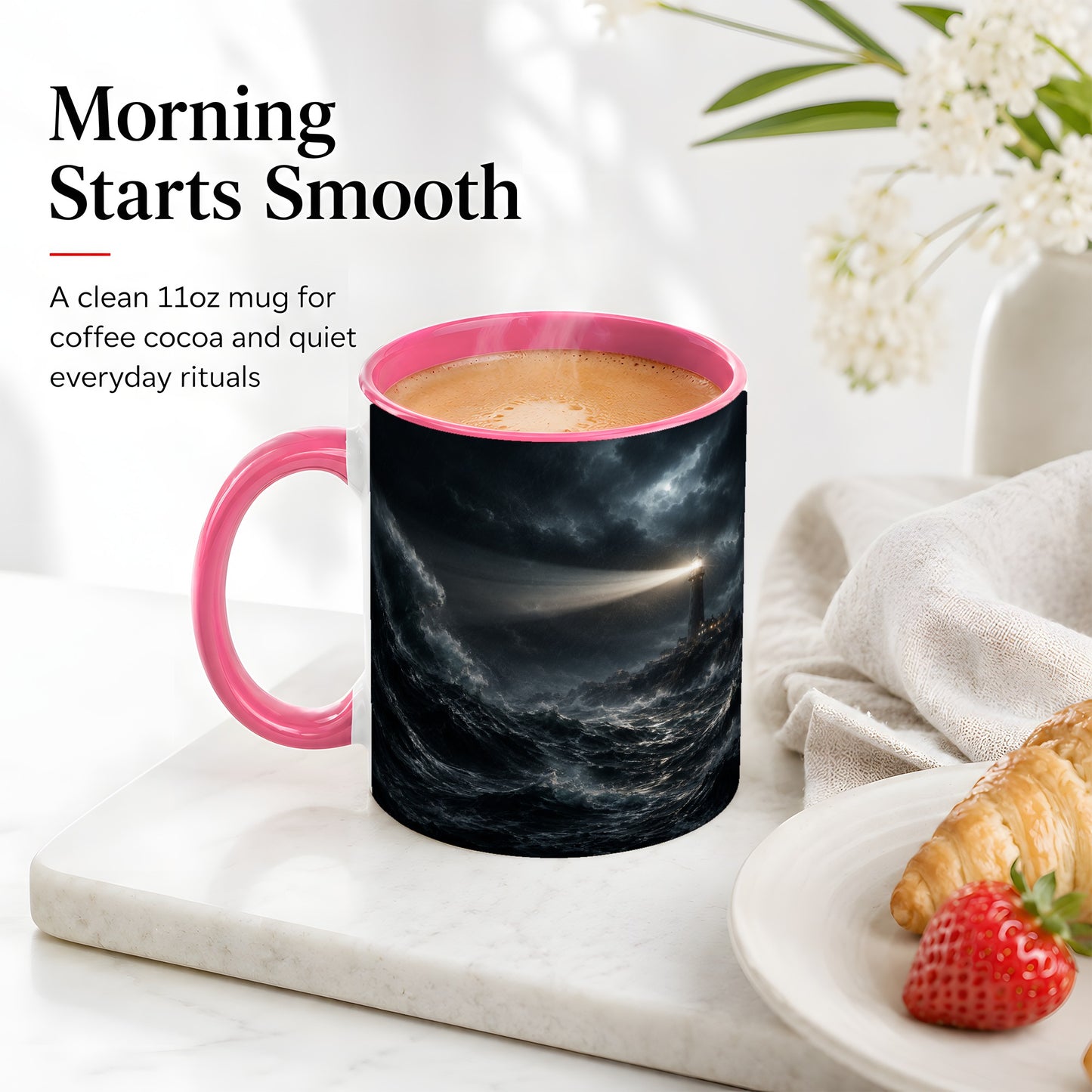 #pl[11oz|Pink] Storm Lighthouse Ceramic Mug, Dramatic Ocean Night Art