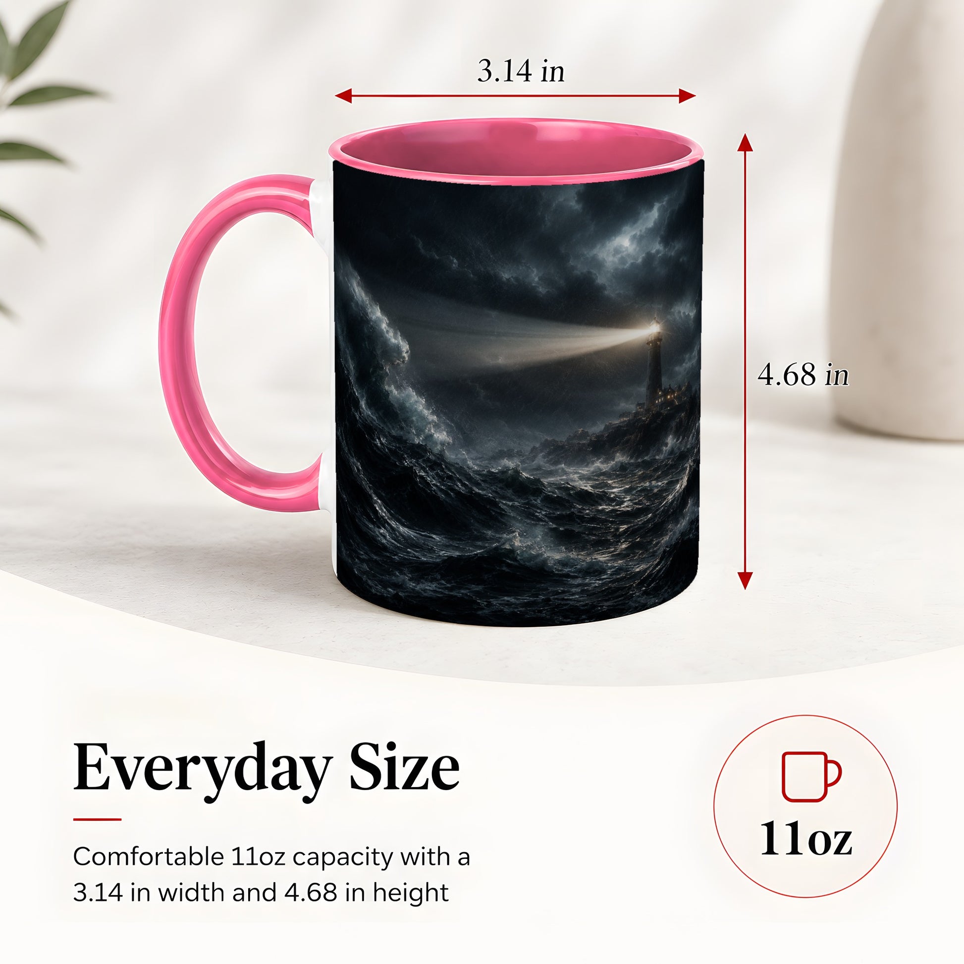 #pl[11oz|Pink] Storm Lighthouse Ceramic Mug, Dramatic Ocean Night Art