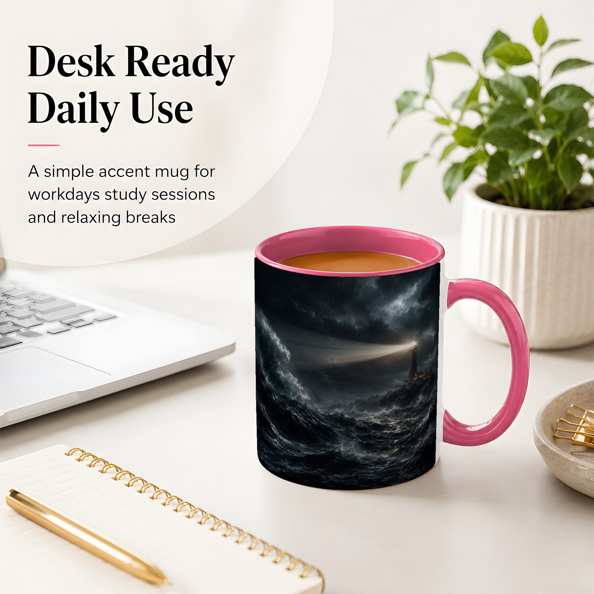 #pl[11oz|Pink] Storm Lighthouse Ceramic Mug, Dramatic Ocean Night Art