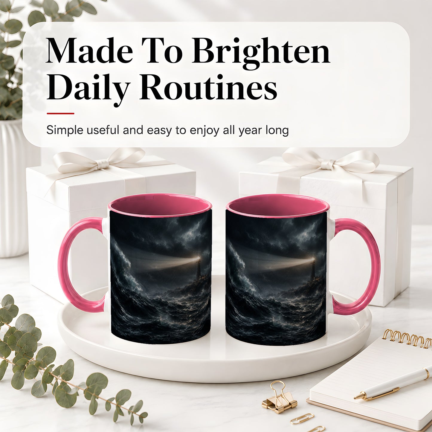 #pl[11oz|Pink] Storm Lighthouse Ceramic Mug, Dramatic Ocean Night Art