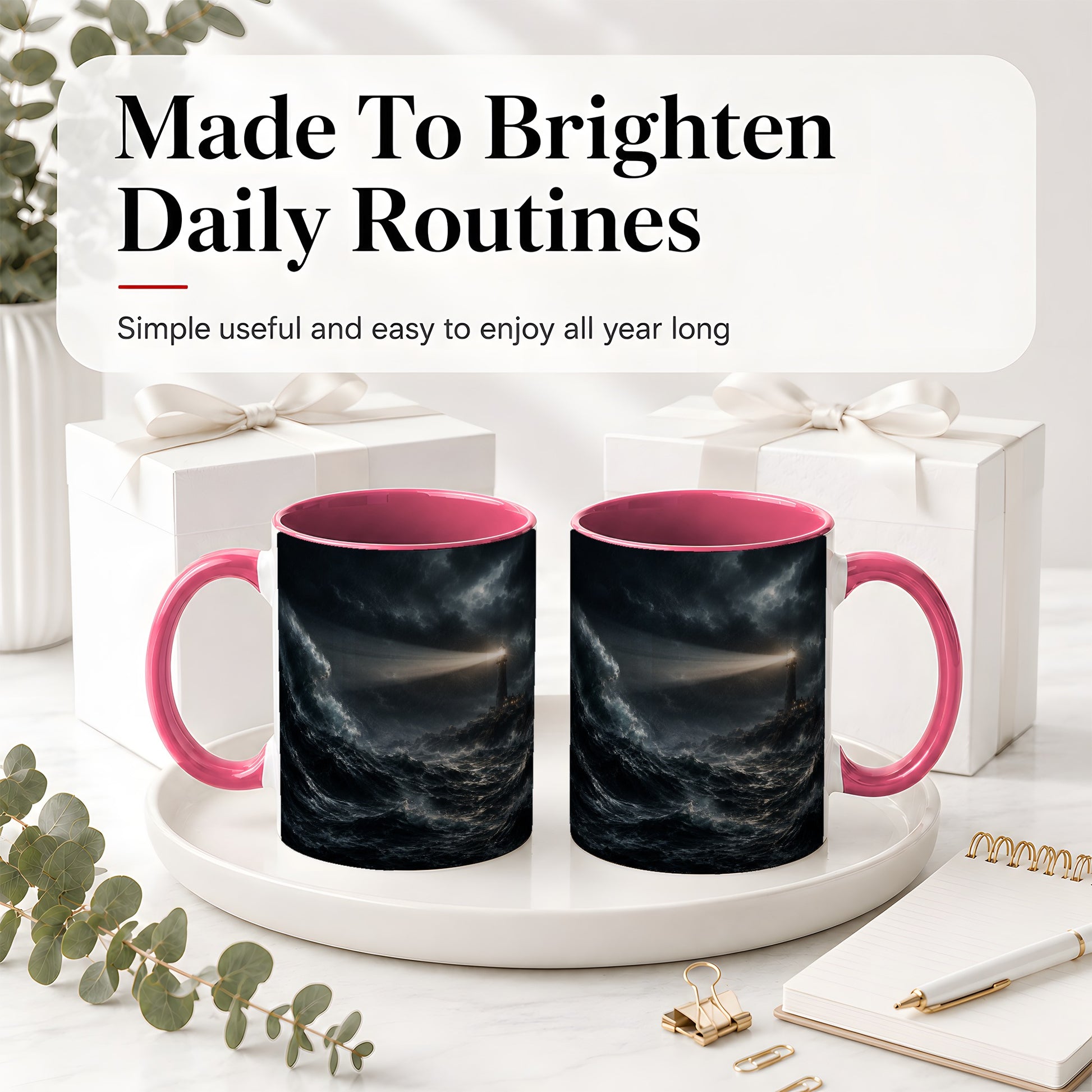 #pl[11oz|Pink] Storm Lighthouse Ceramic Mug, Dramatic Ocean Night Art