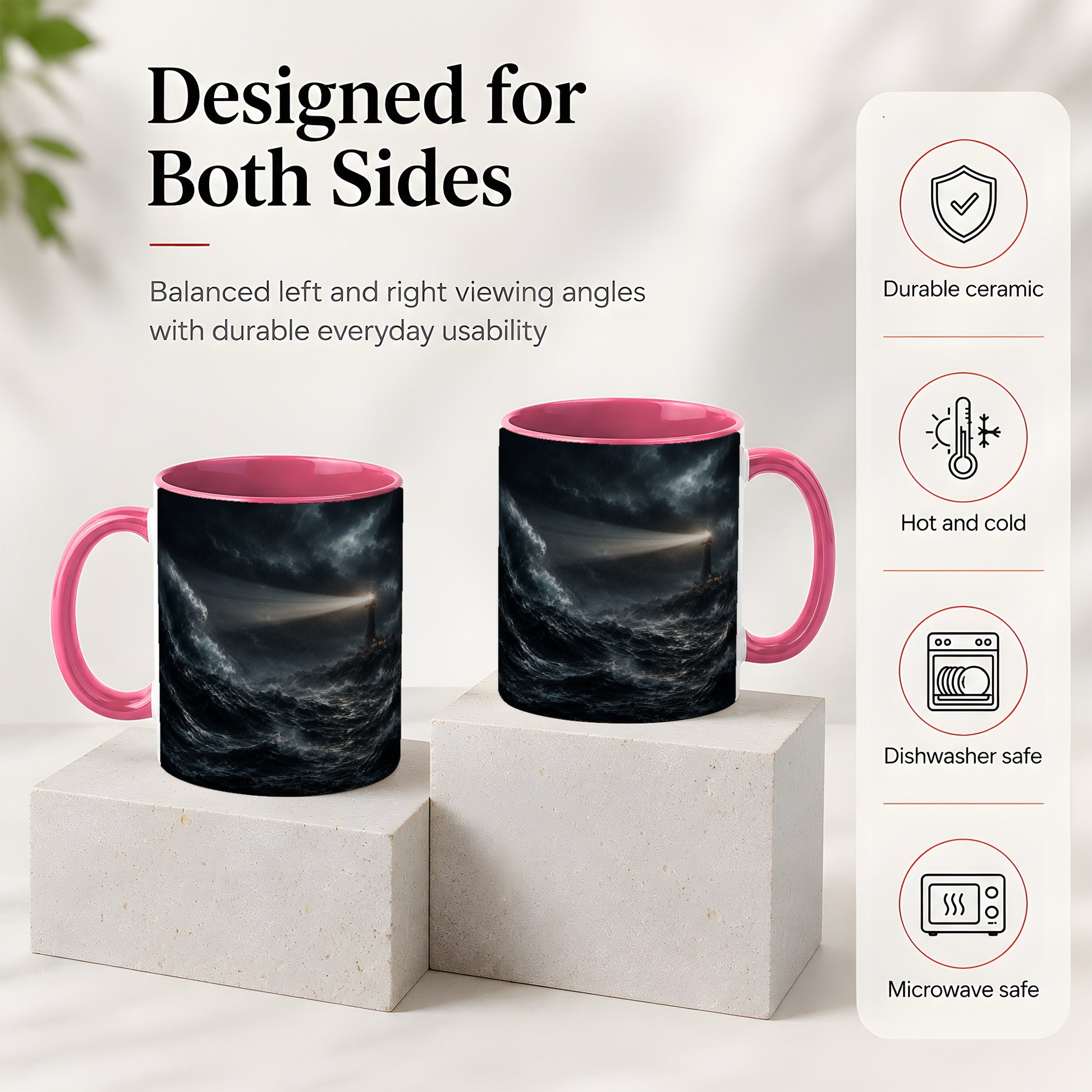 #pl[11oz|Pink] Storm Lighthouse Ceramic Mug, Dramatic Ocean Night Art