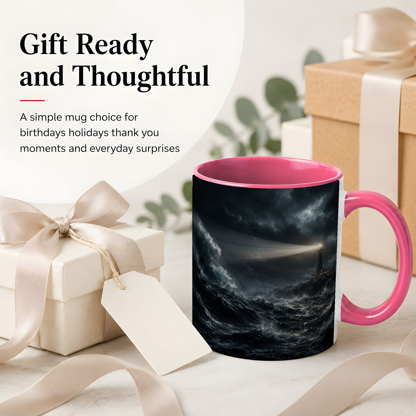 #pl[11oz|Pink] Storm Lighthouse Ceramic Mug, Dramatic Ocean Night Art