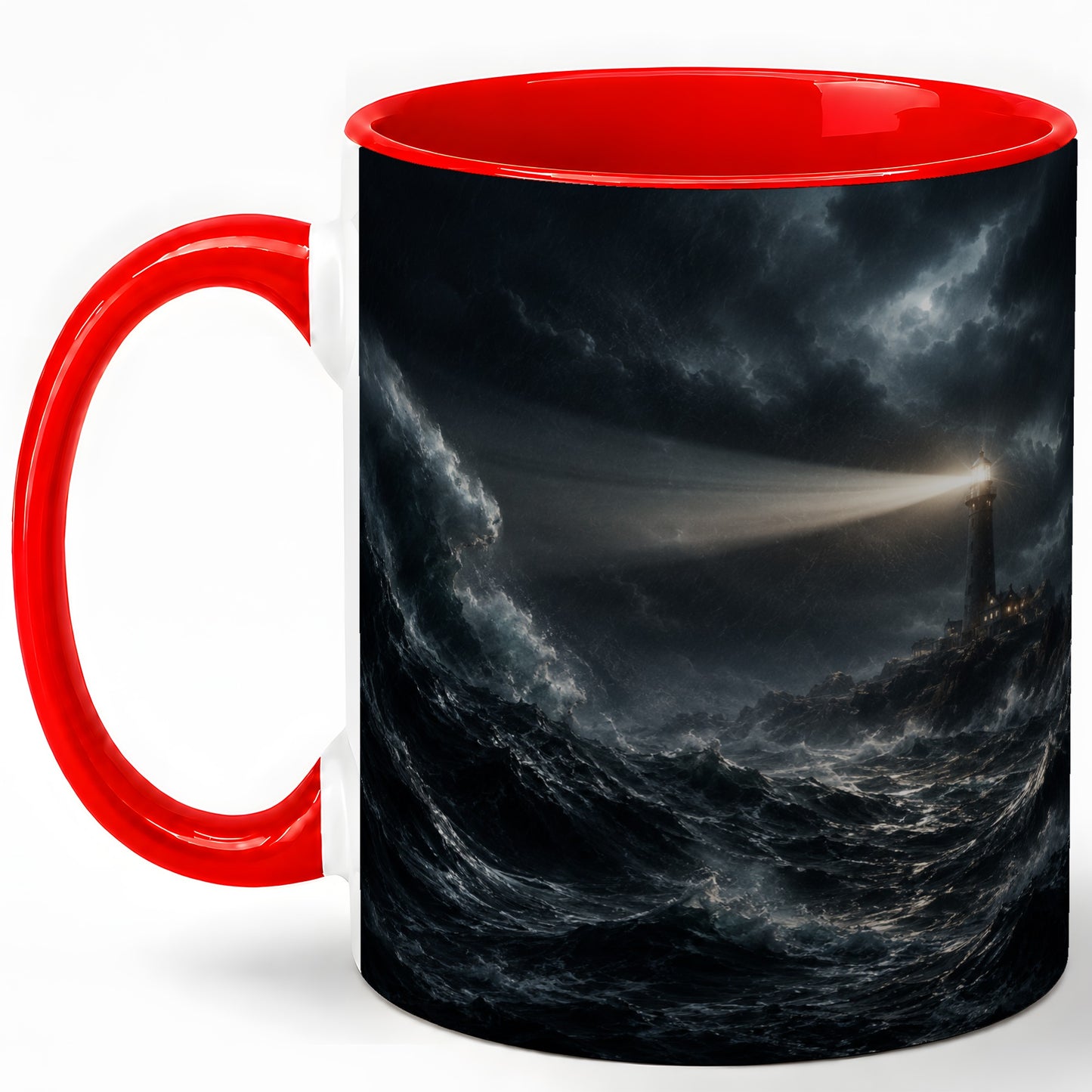 Storm Lighthouse Ceramic Mug, Dramatic Ocean Night Art