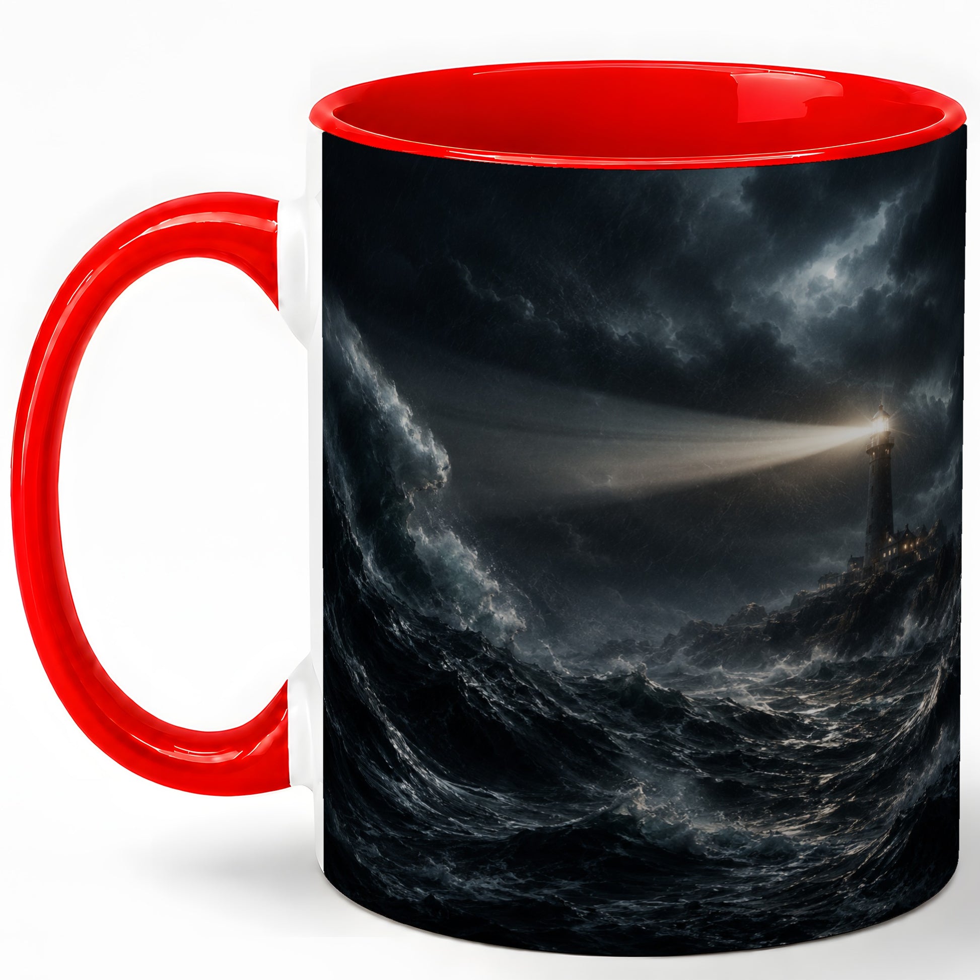 Storm Lighthouse Ceramic Mug, Dramatic Ocean Night Art