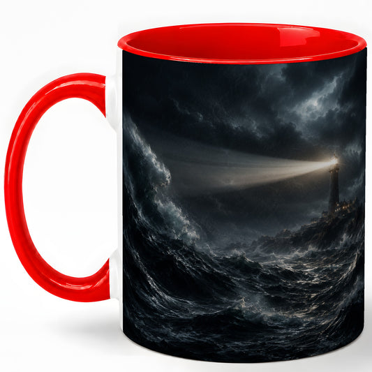 Storm Lighthouse Ceramic Mug, Dramatic Ocean Night Art