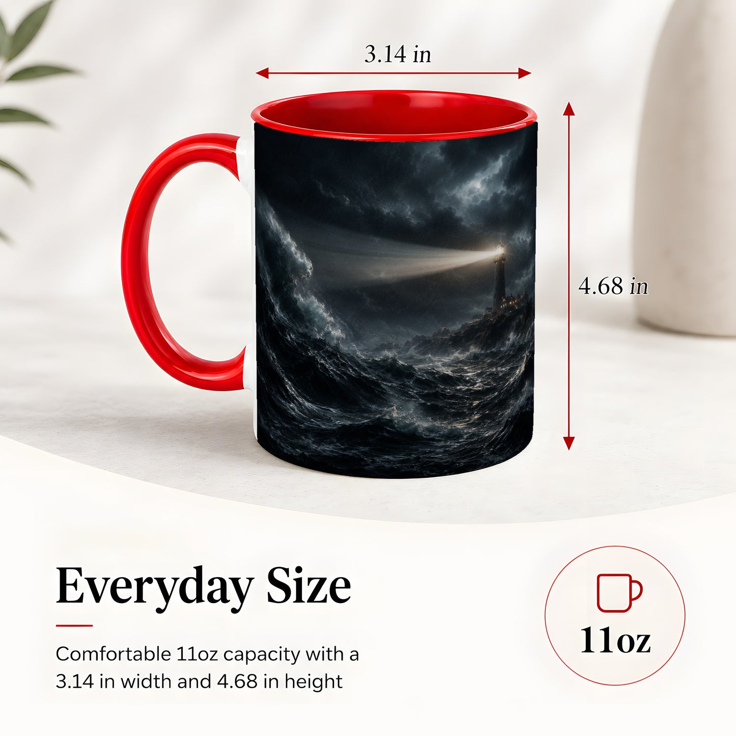 #pl[11oz|Red] Storm Lighthouse Ceramic Mug, Dramatic Ocean Night Art