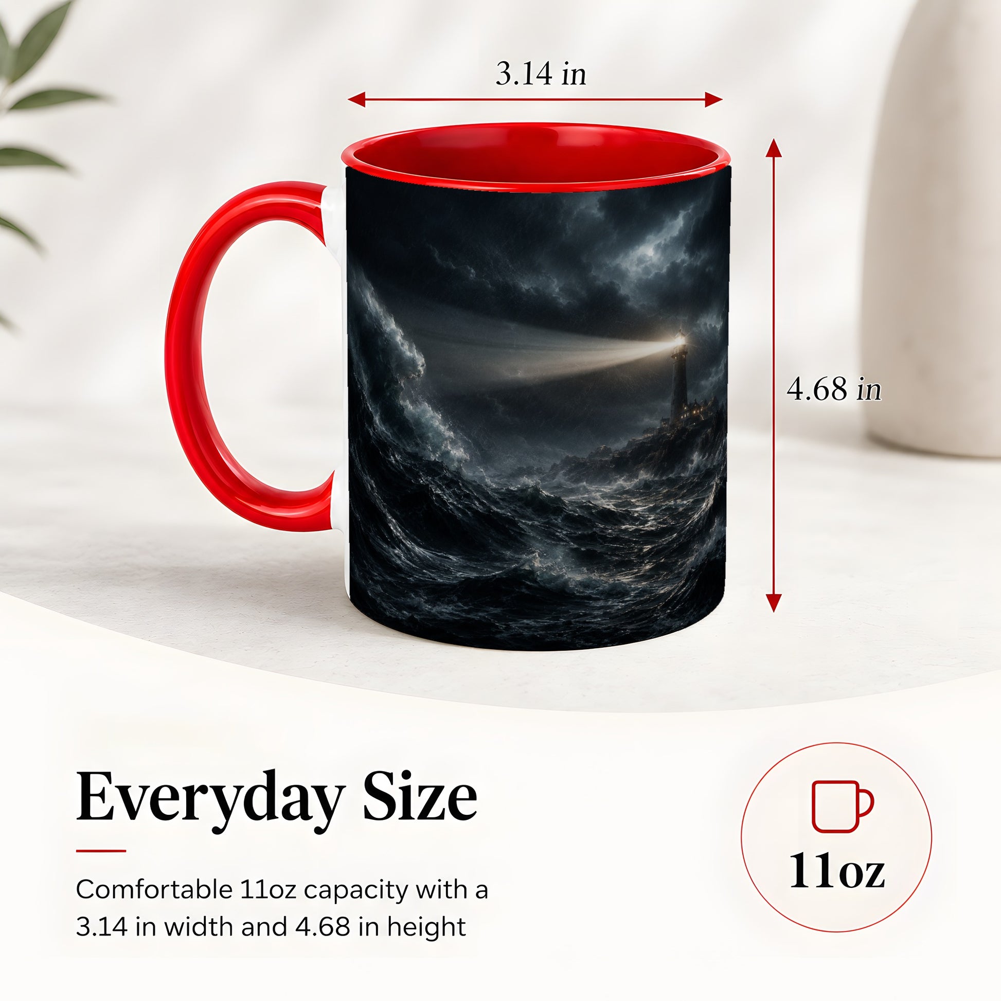#pl[11oz|Red] Storm Lighthouse Ceramic Mug, Dramatic Ocean Night Art