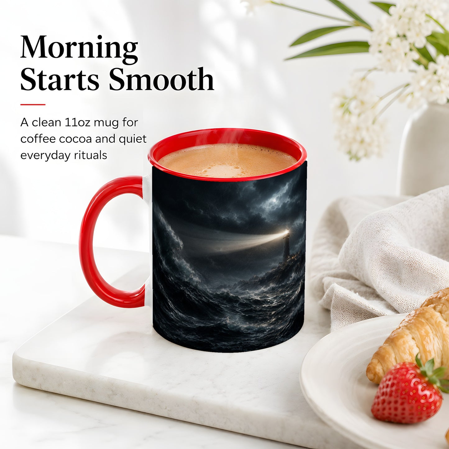 #pl[11oz|Red] Storm Lighthouse Ceramic Mug, Dramatic Ocean Night Art