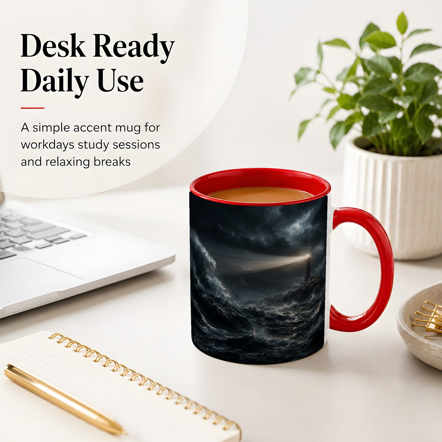 #pl[11oz|Red] Storm Lighthouse Ceramic Mug, Dramatic Ocean Night Art