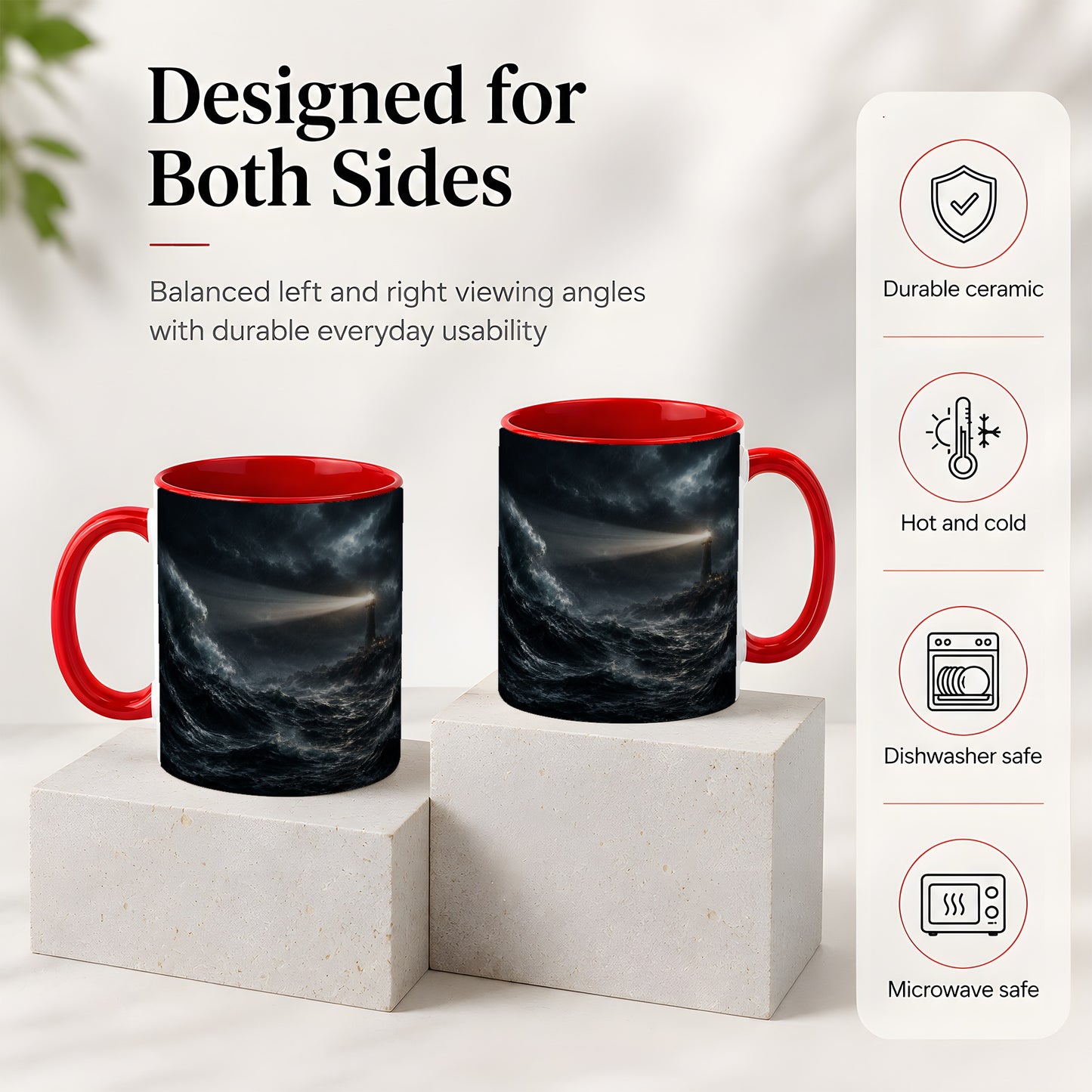 #pl[11oz|Red] Storm Lighthouse Ceramic Mug, Dramatic Ocean Night Art