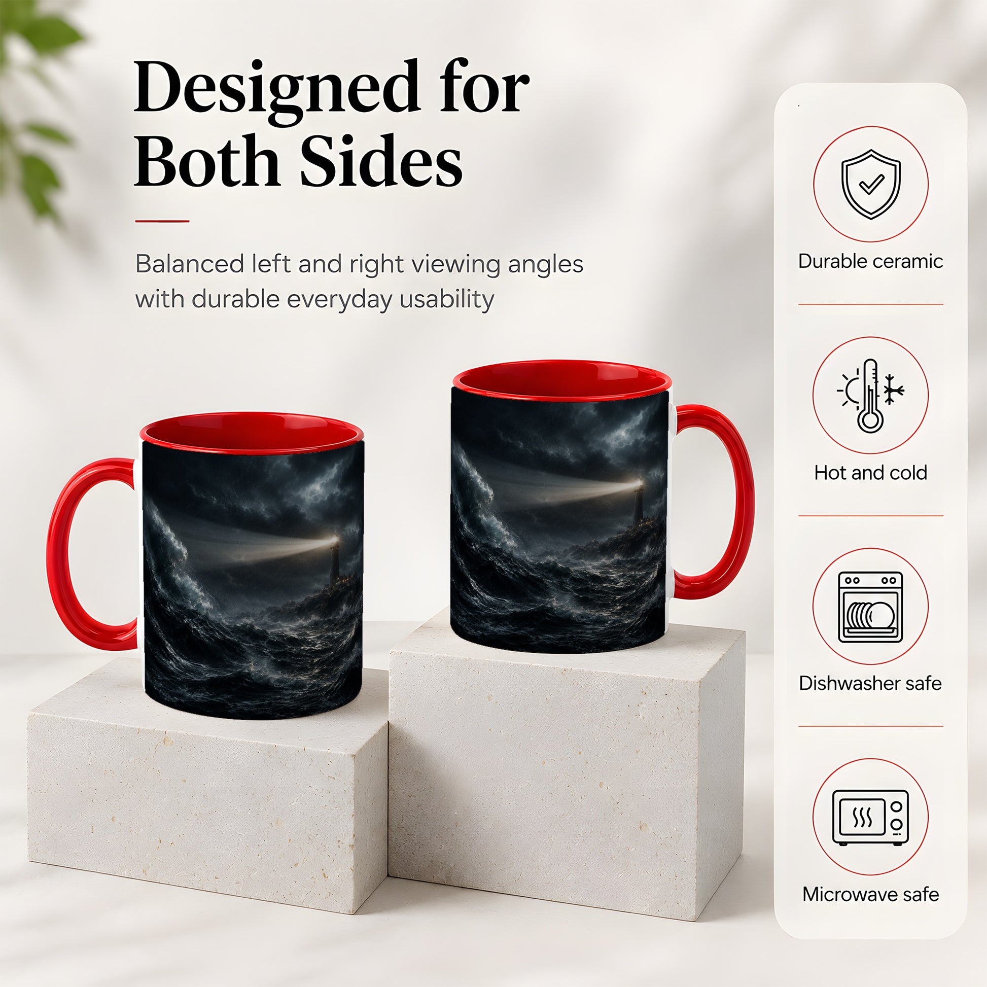 #pl[11oz|Red] Storm Lighthouse Ceramic Mug, Dramatic Ocean Night Art