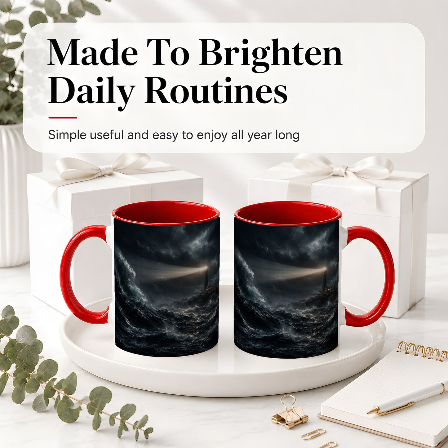 #pl[11oz|Red] Storm Lighthouse Ceramic Mug, Dramatic Ocean Night Art