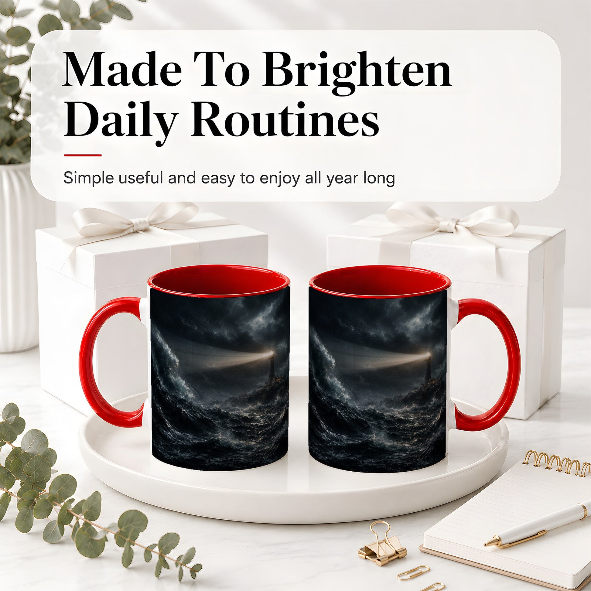 #pl[11oz|Red] Storm Lighthouse Ceramic Mug, Dramatic Ocean Night Art