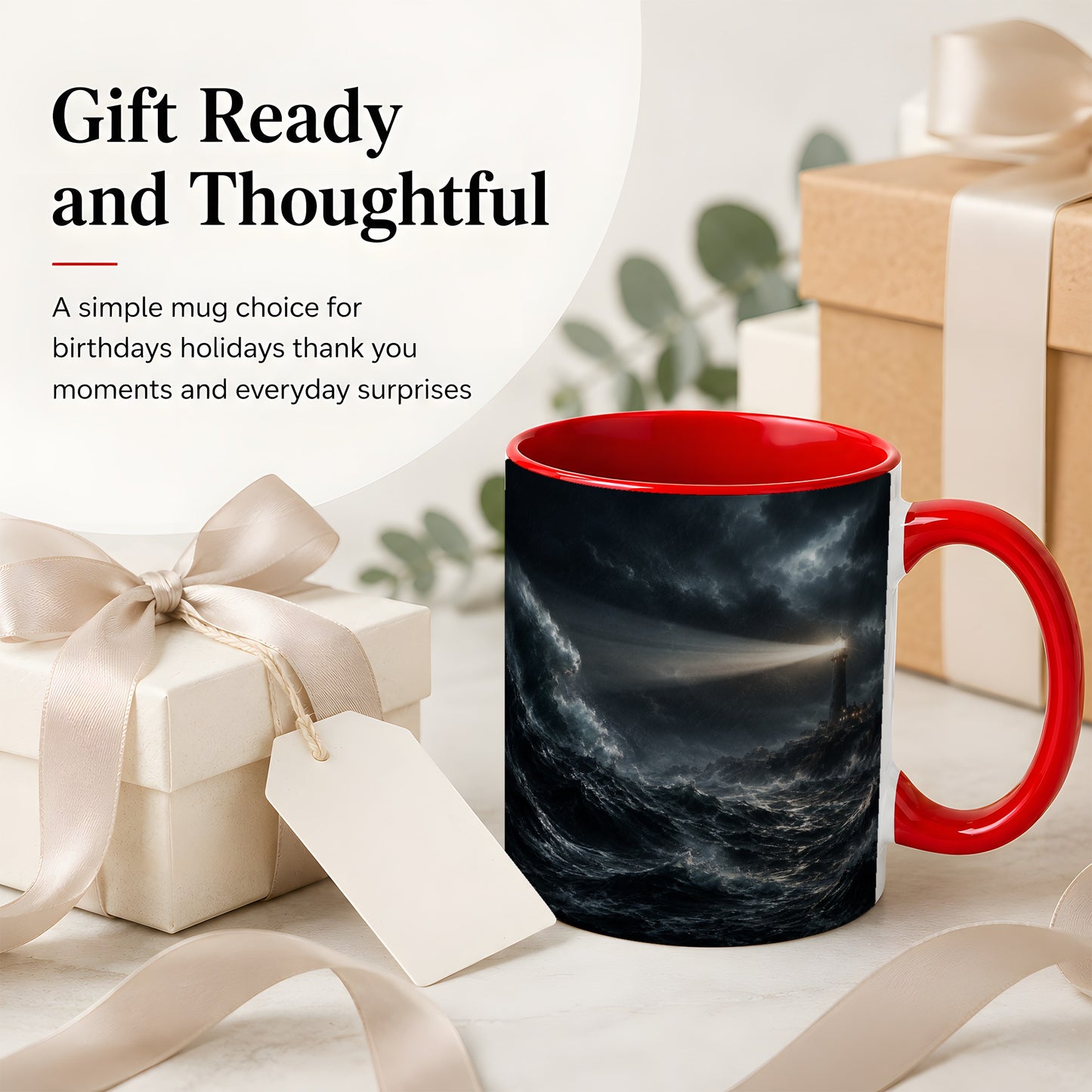 #pl[11oz|Red] Storm Lighthouse Ceramic Mug, Dramatic Ocean Night Art