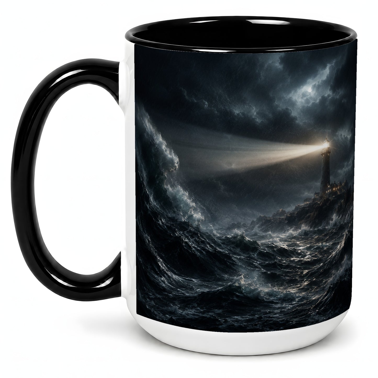 #pl[15oz|Black] Storm Lighthouse Ceramic Mug, Dramatic Ocean Night Art