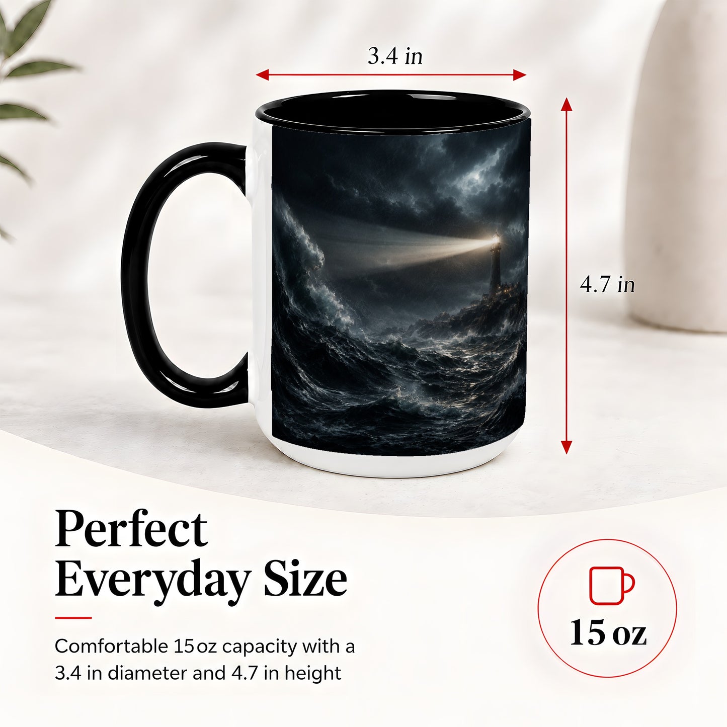 #pl[15oz|Black] Storm Lighthouse Ceramic Mug, Dramatic Ocean Night Art