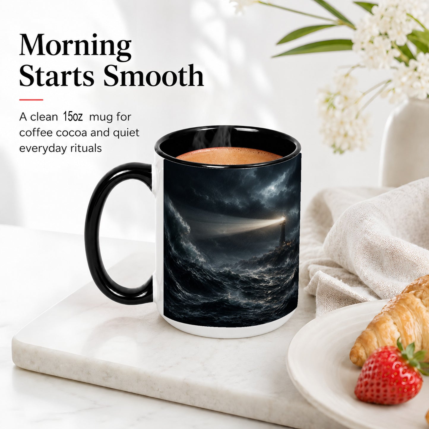 #pl[15oz|Black] Storm Lighthouse Ceramic Mug, Dramatic Ocean Night Art
