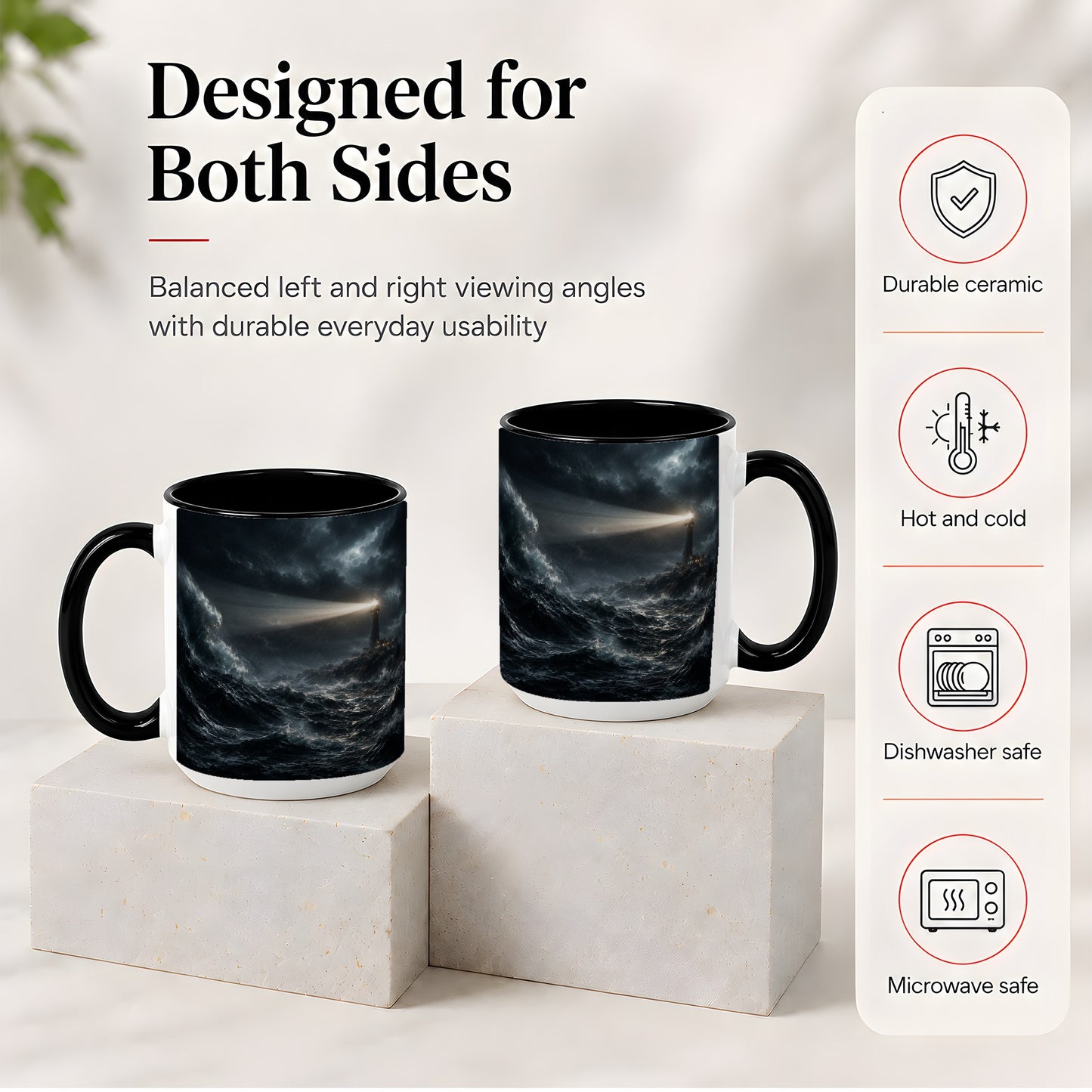#pl[15oz|Black] Storm Lighthouse Ceramic Mug, Dramatic Ocean Night Art